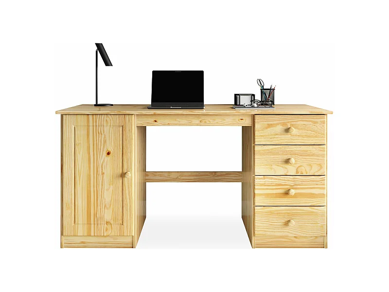 Bureau multi rangements MANAGER avec 4 tiroirs et 1 portes, en pin massif au vernis naturel