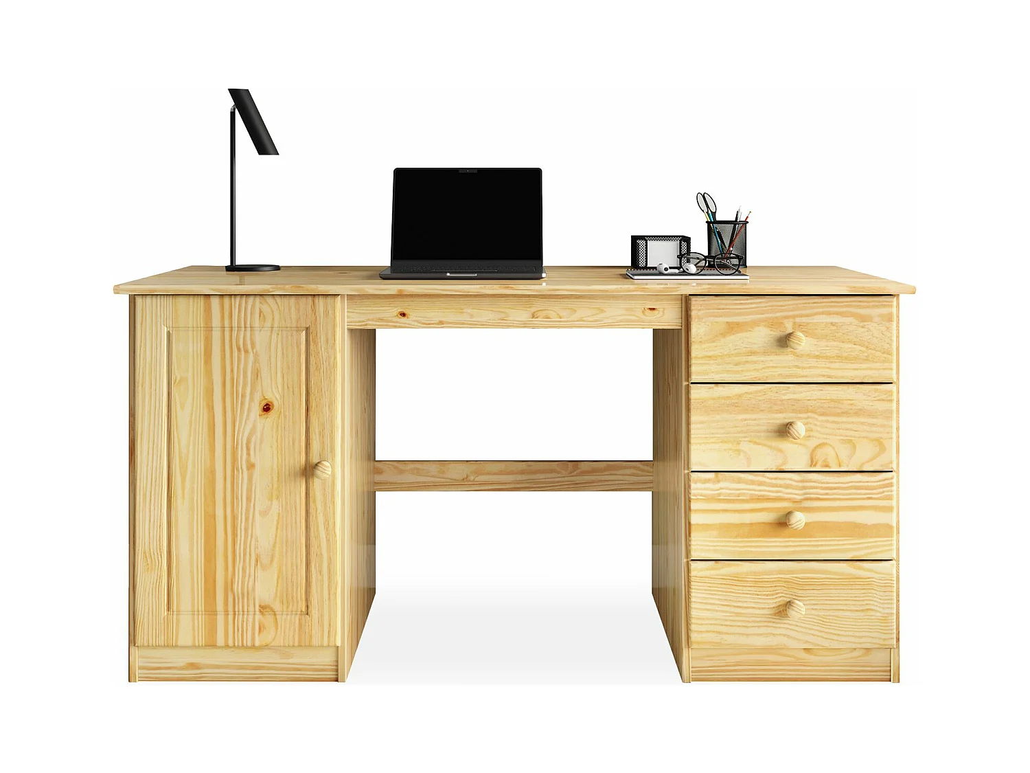 Bureau multi rangements MANAGER avec 4 tiroirs et 1 portes, en pin massif au vernis naturel