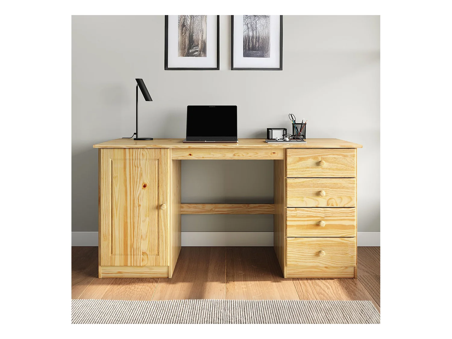 Bureau multi rangements MANAGER avec 4 tiroirs et 1 portes, en pin massif au vernis naturel