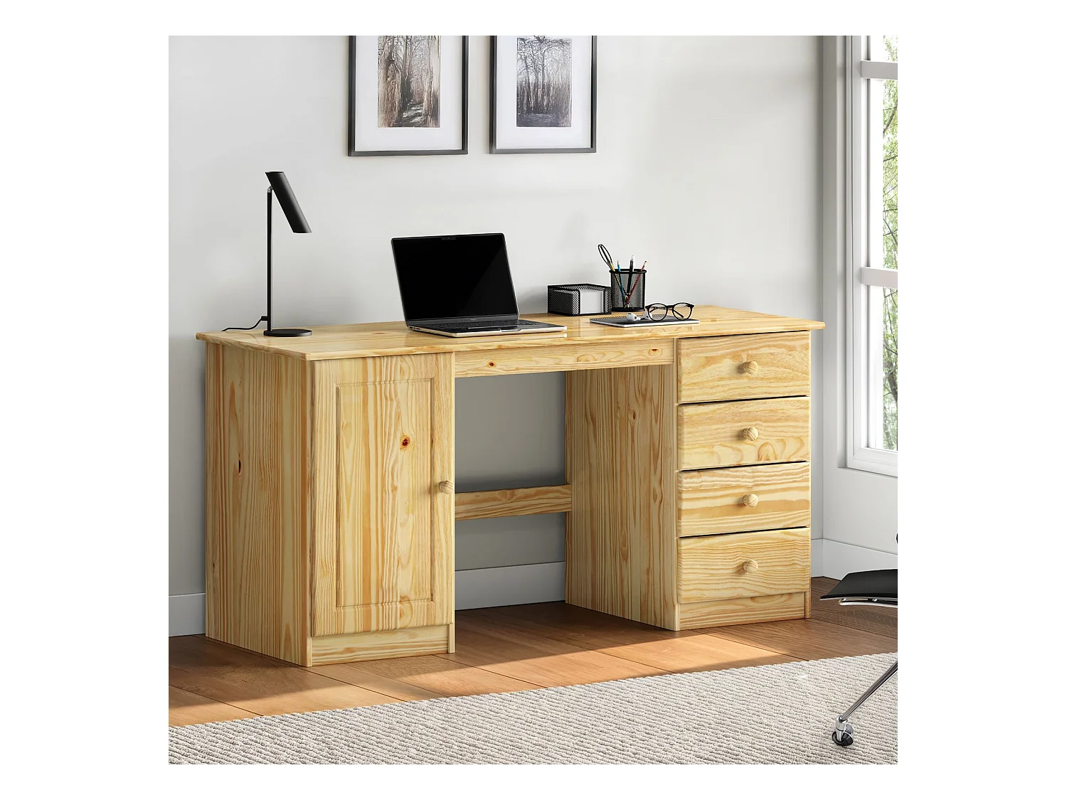 Bureau multi rangements MANAGER avec 4 tiroirs et 1 portes, en pin massif au vernis naturel