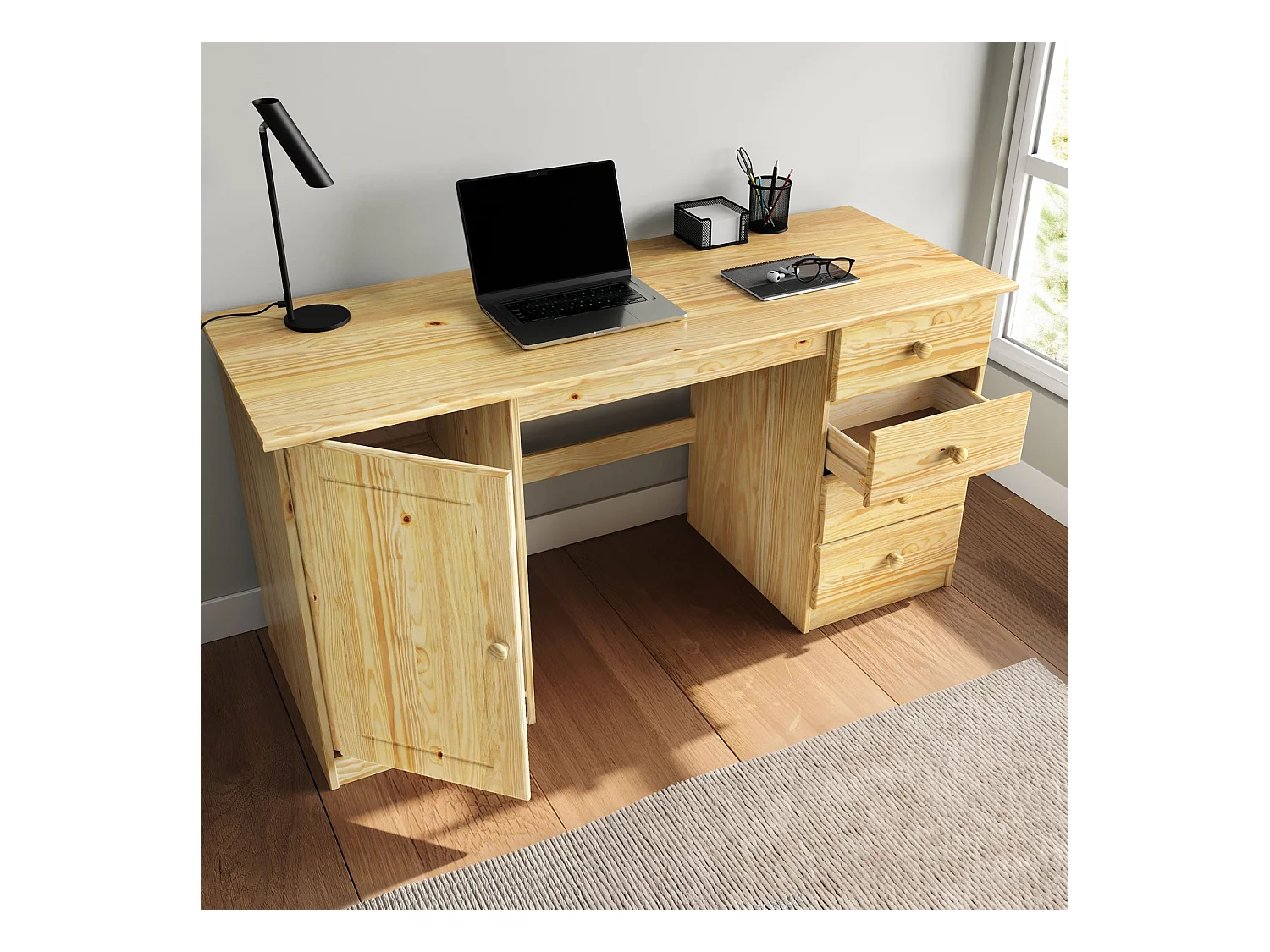Bureau multi rangements MANAGER avec 4 tiroirs et 1 portes, en pin massif au vernis naturel