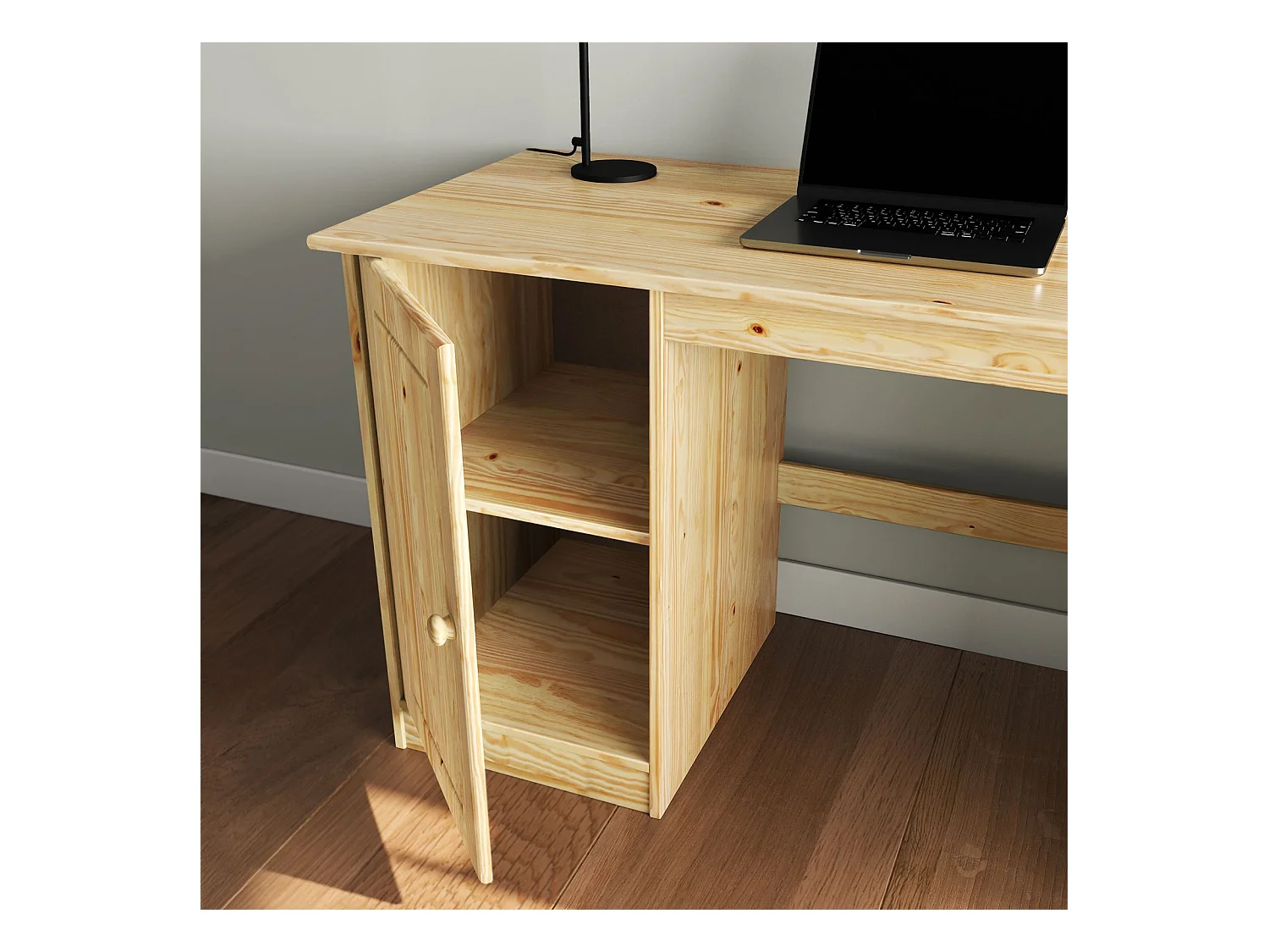 Bureau multi rangements MANAGER avec 4 tiroirs et 1 portes, en pin massif au vernis naturel