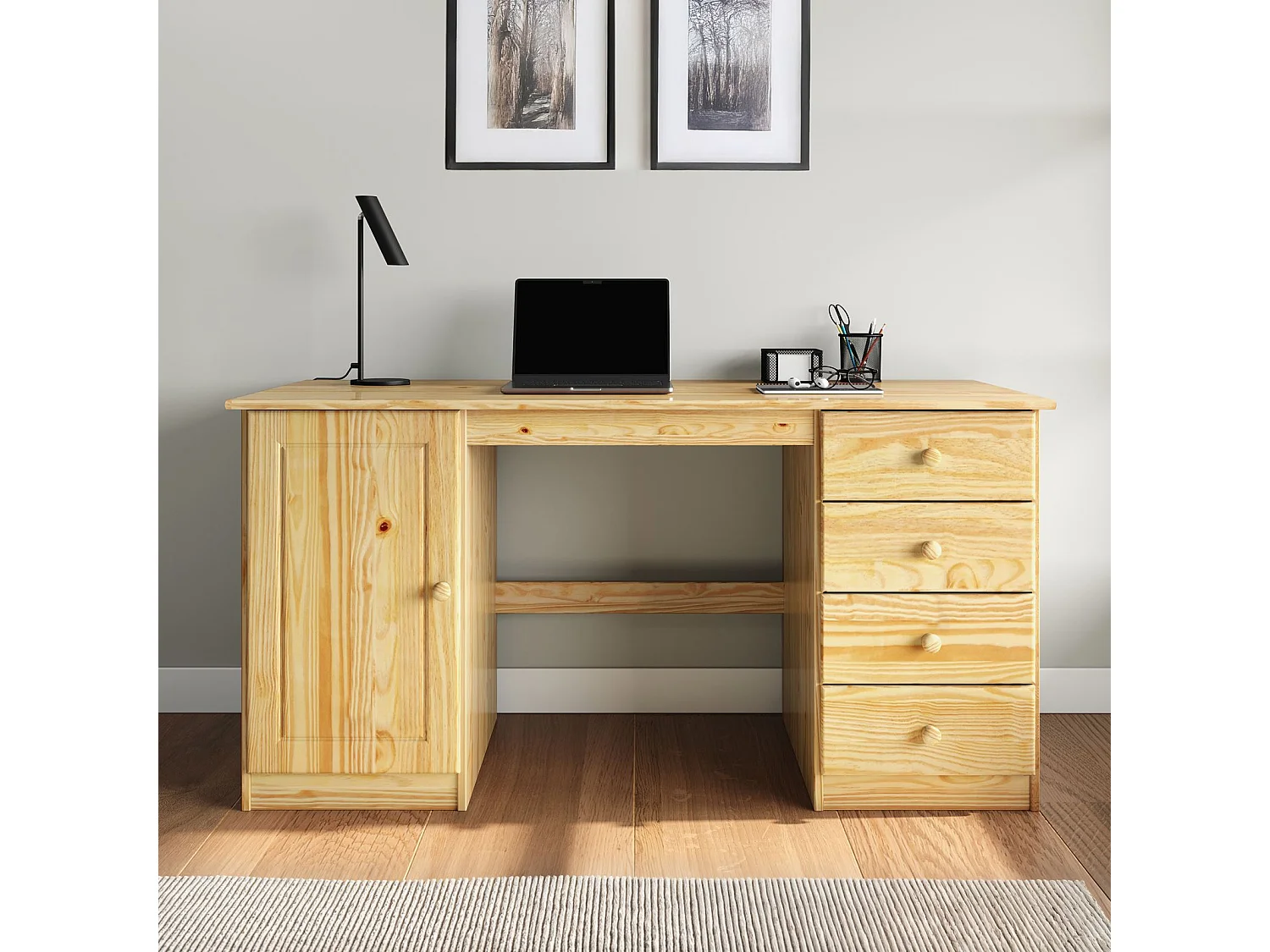 Bureau multi rangements MANAGER avec 4 tiroirs et 1 portes, en pin massif au vernis naturel