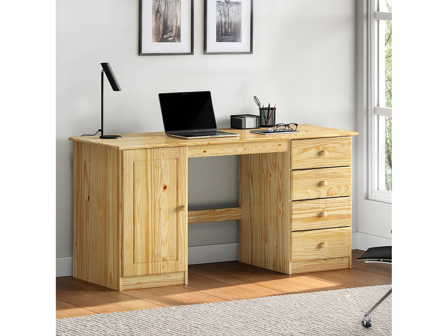 Bureau multi rangements MANAGER avec 4 tiroirs et 1 portes, en pin massif au vernis naturel