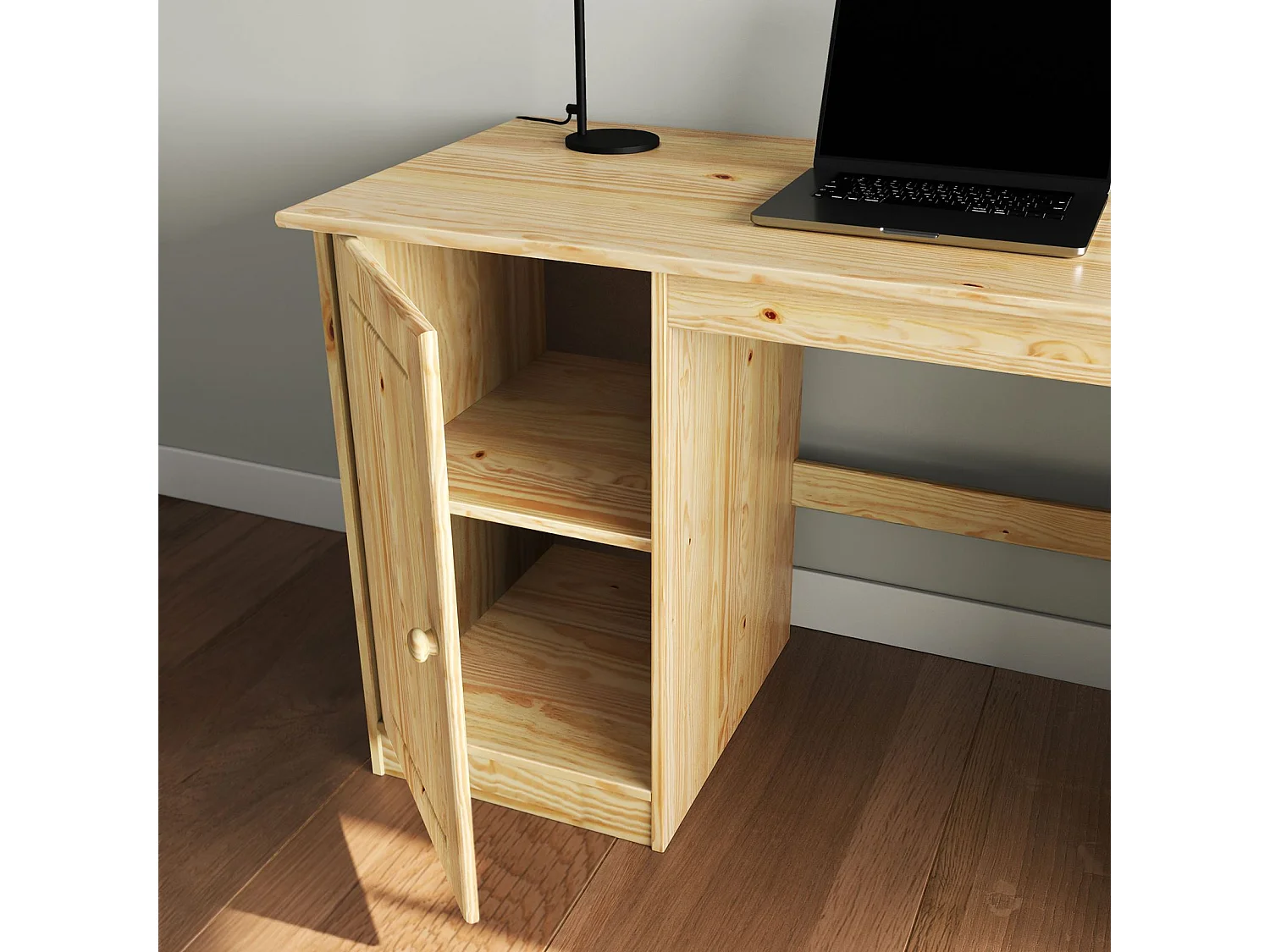 Bureau multi rangements MANAGER avec 4 tiroirs et 1 portes, en pin massif au vernis naturel