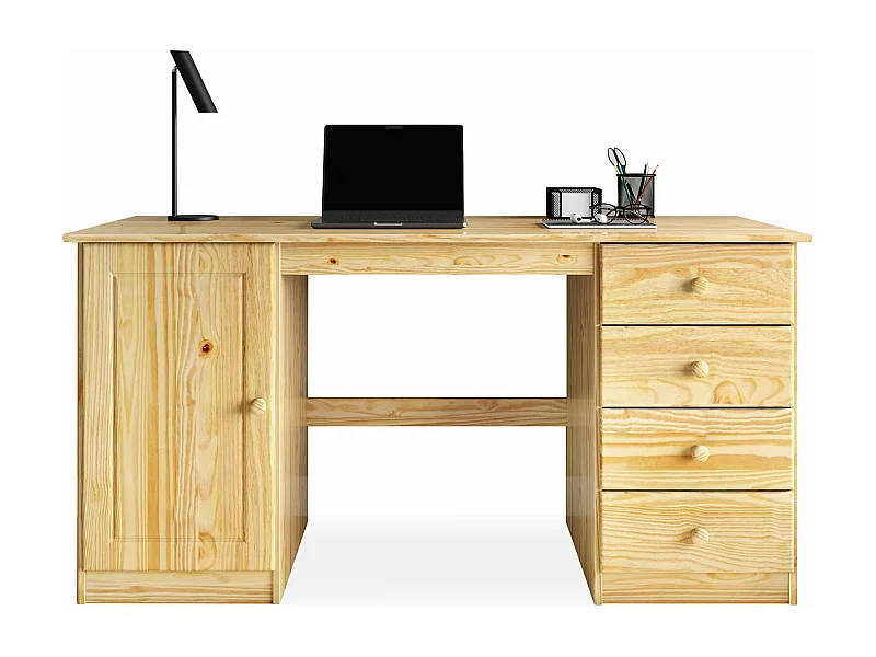Bureau multi rangements MANAGER avec 4 tiroirs et 1 portes, en pin massif au vernis naturel