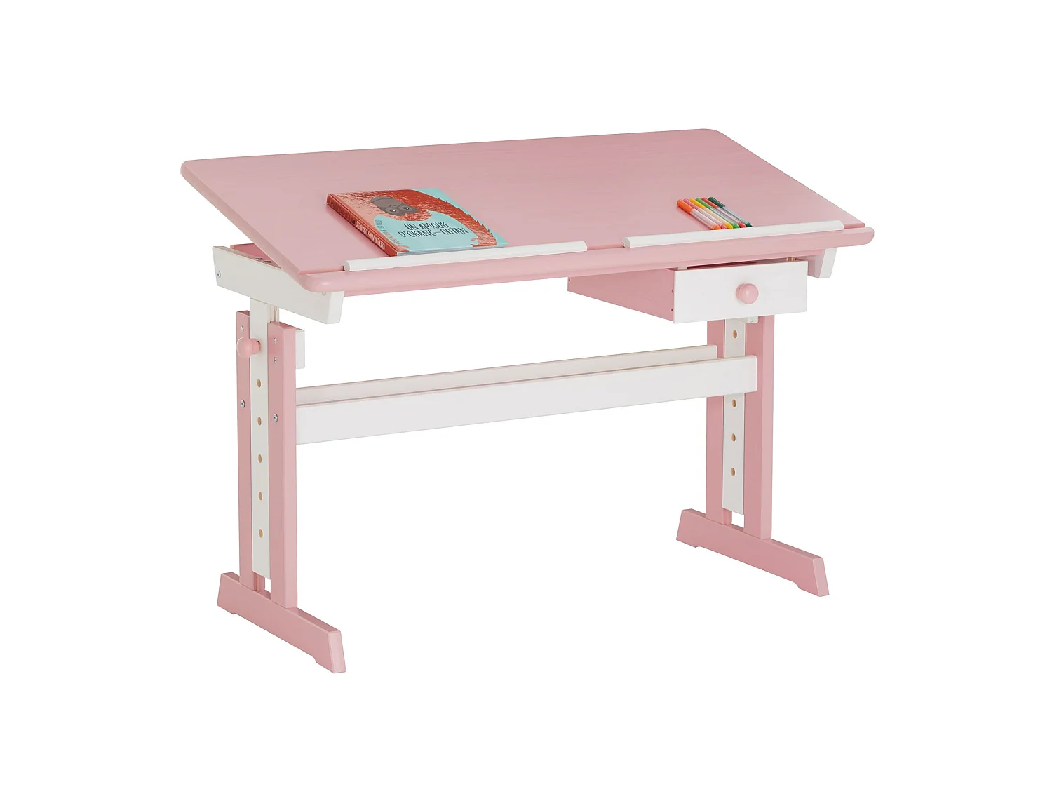 Bureau enfant écolier junior FLEXI table à dessin réglable en hauteur et pupitre inclinable avec 1 tiroir en pin lasuré blanc rose