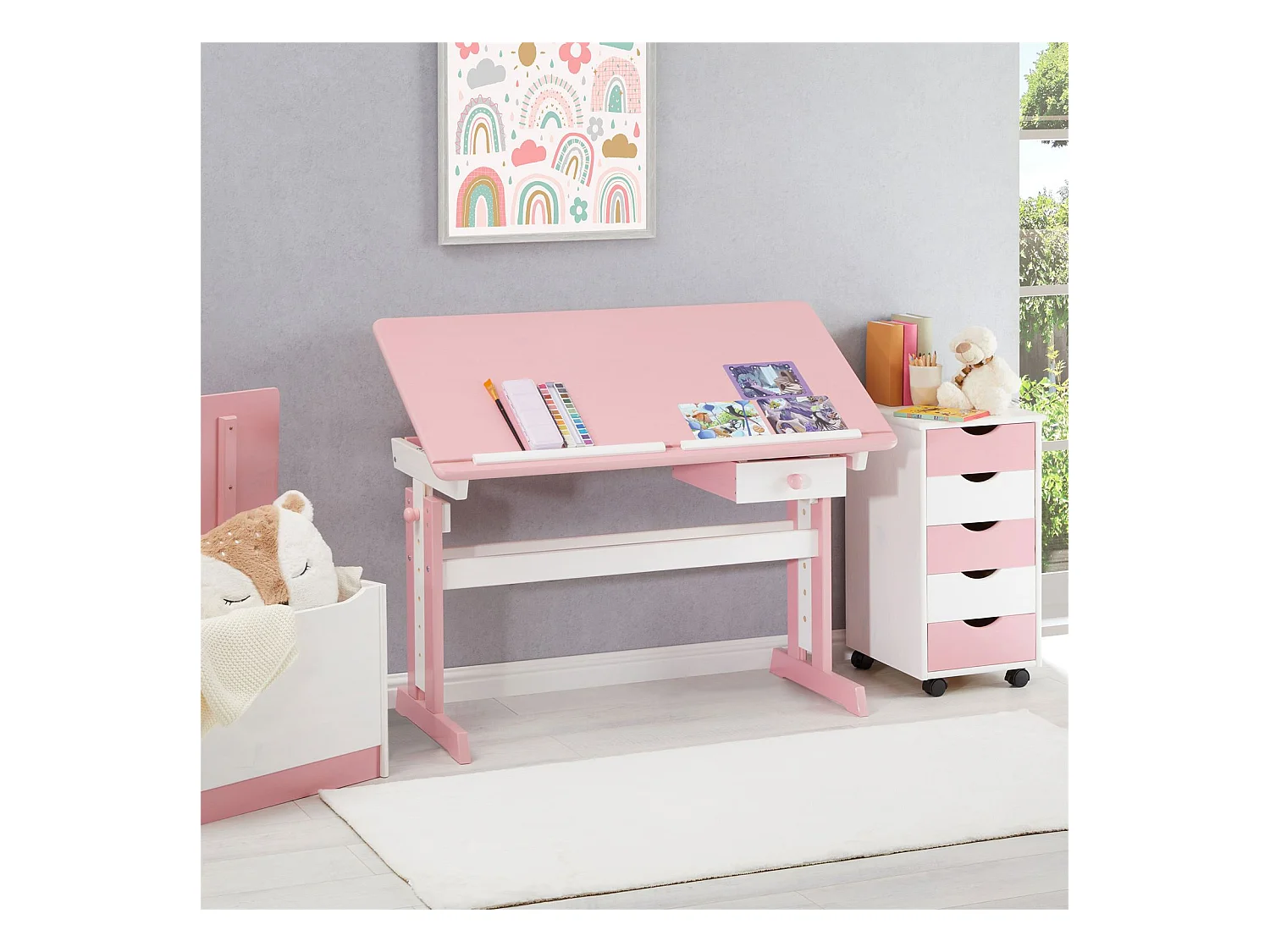 Bureau enfant écolier junior FLEXI table à dessin réglable en hauteur et pupitre inclinable avec 1 tiroir en pin lasuré blanc rose