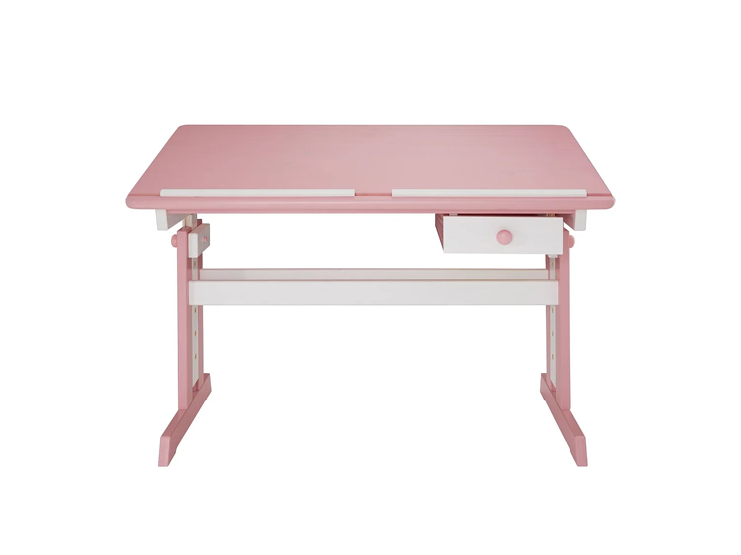 Bureau enfant écolier junior FLEXI table à dessin réglable en hauteur et pupitre inclinable avec 1 tiroir en pin lasuré blanc rose
