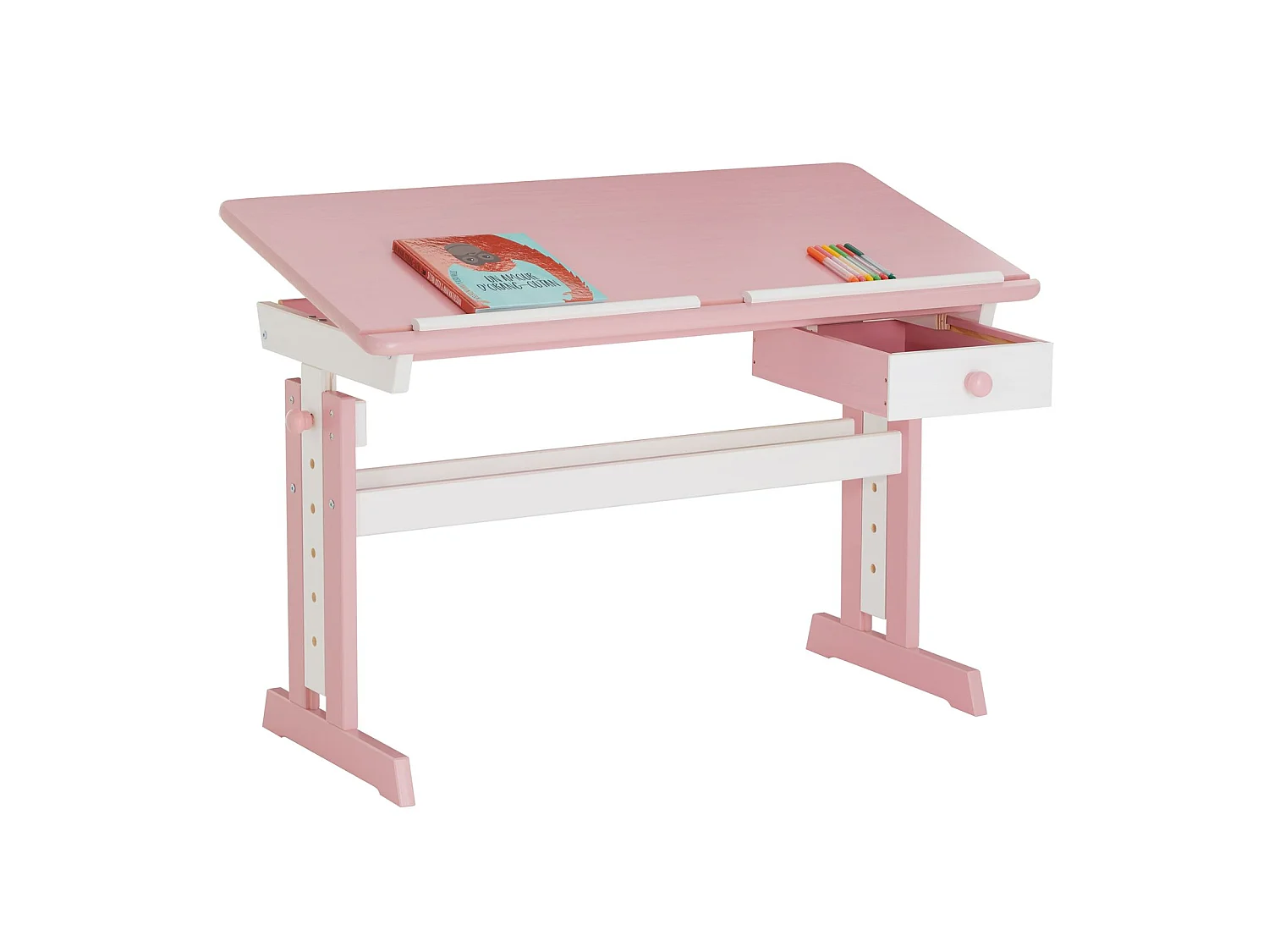 Bureau enfant écolier junior FLEXI table à dessin réglable en hauteur et pupitre inclinable avec 1 tiroir en pin lasuré blanc rose