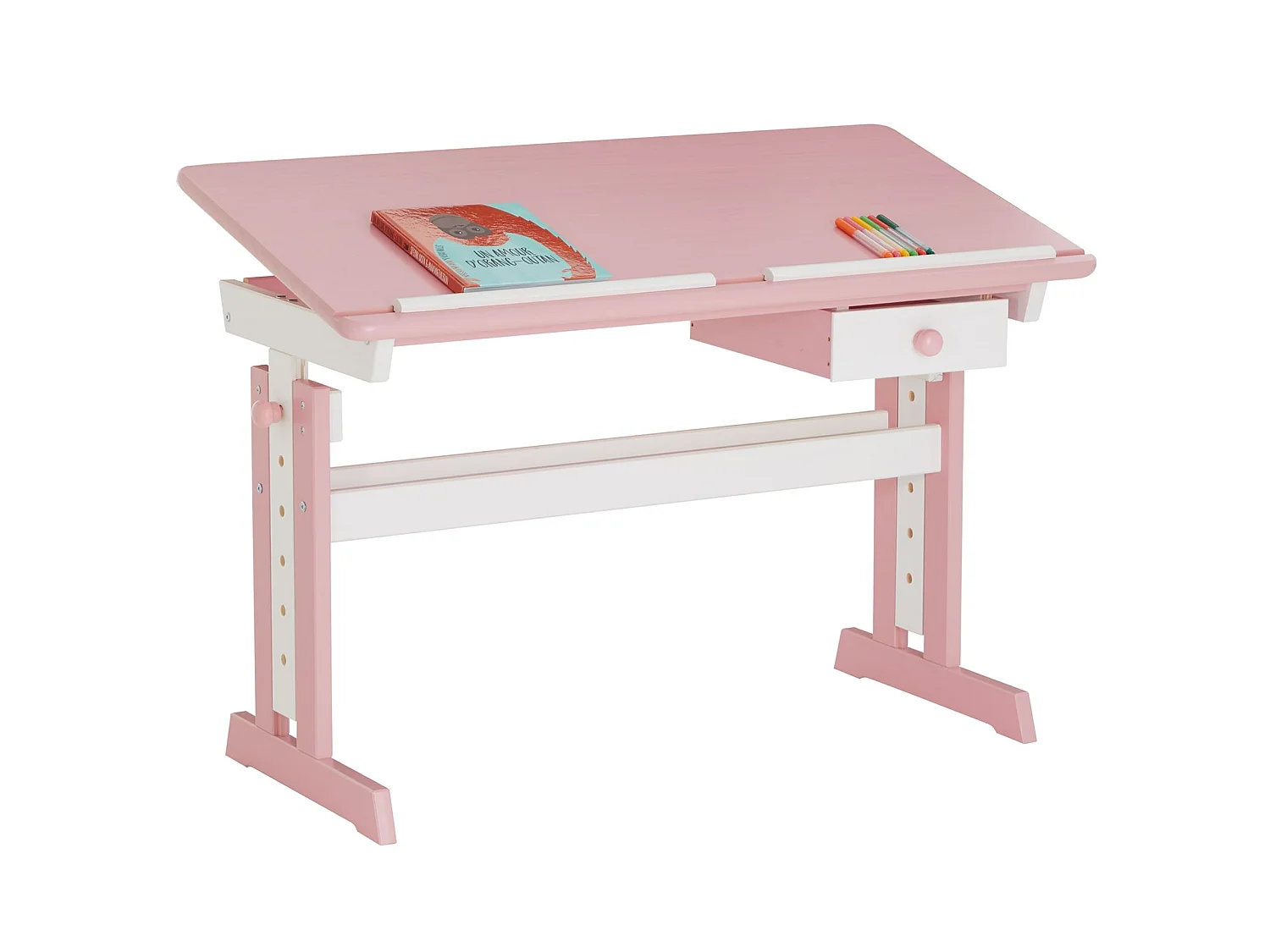 Bureau enfant écolier junior FLEXI table à dessin réglable en hauteur et pupitre inclinable avec 1 tiroir en pin lasuré blanc rose