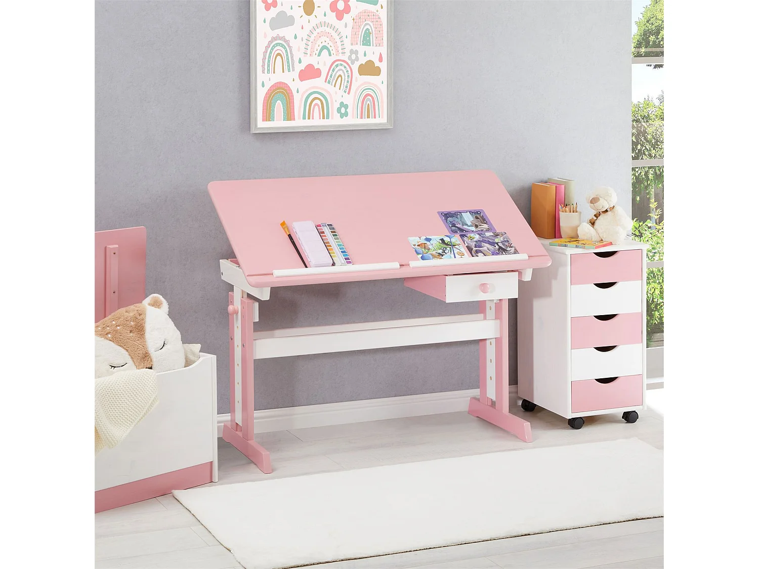 Bureau enfant écolier junior FLEXI table à dessin réglable en hauteur et pupitre inclinable avec 1 tiroir en pin lasuré blanc rose