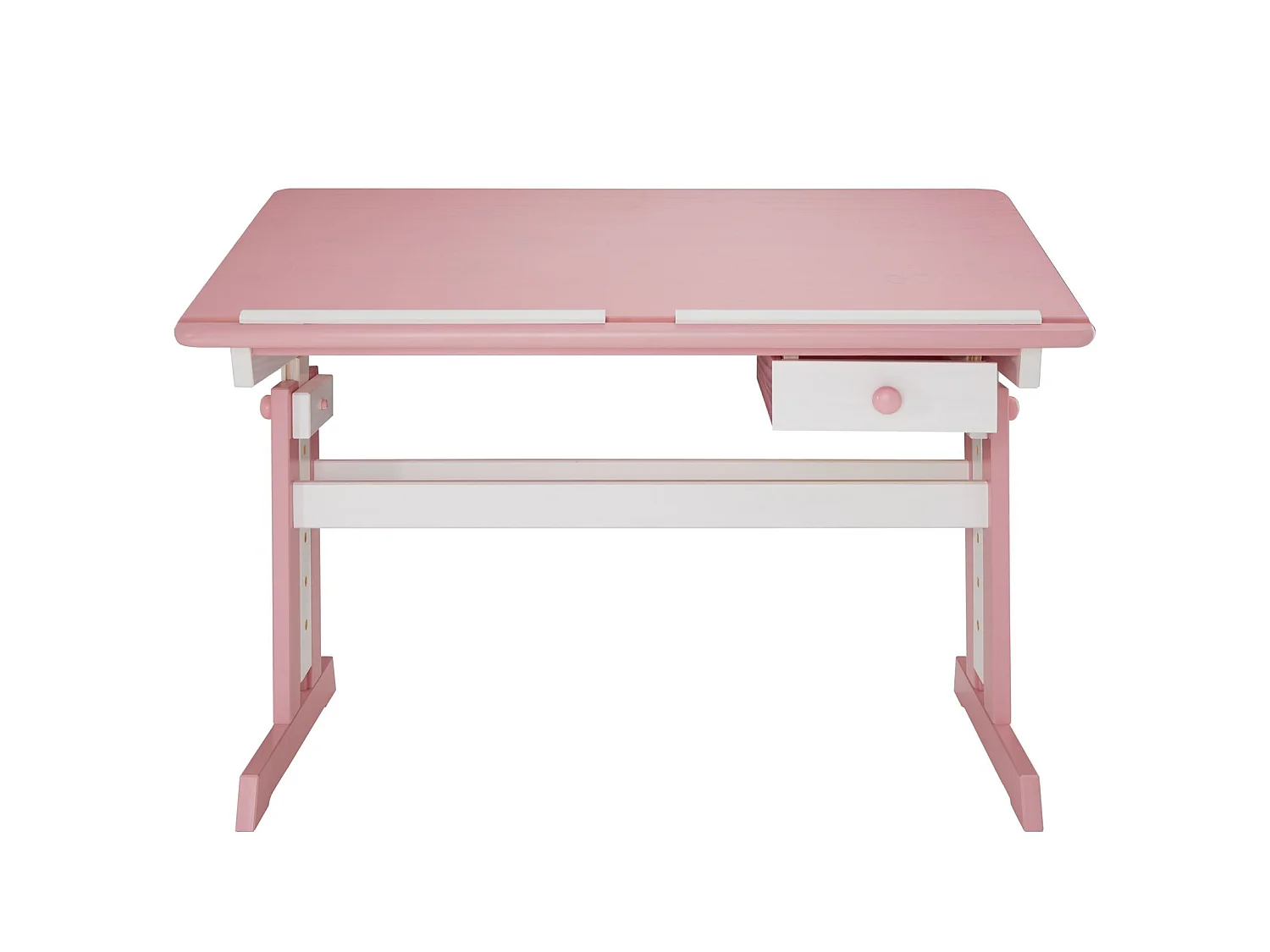 Bureau enfant écolier junior FLEXI table à dessin réglable en hauteur et pupitre inclinable avec 1 tiroir en pin lasuré blanc rose