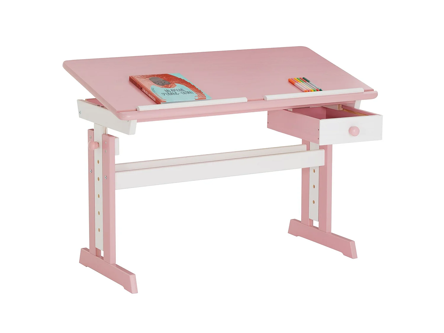 Bureau enfant écolier junior FLEXI table à dessin réglable en hauteur et pupitre inclinable avec 1 tiroir en pin lasuré blanc rose