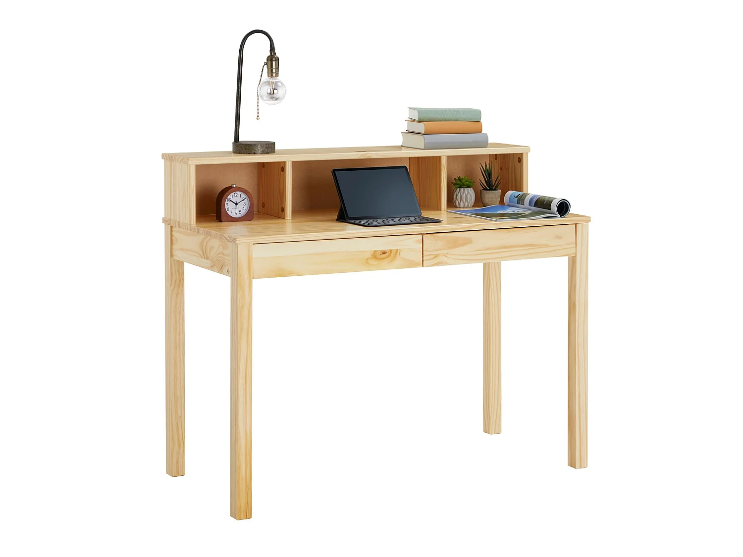 Bureau LENNOX avec rangement 2 tiroirs et 3 niches, en pin massif recouvert d'un vernis naturel