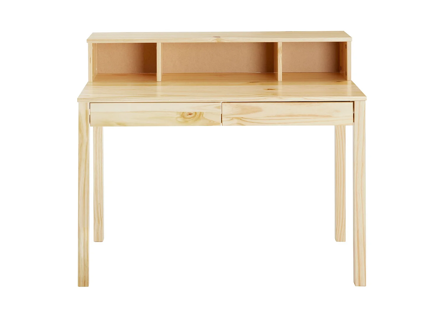 Bureau LENNOX avec rangement 2 tiroirs et 3 niches, en pin massif recouvert d'un vernis naturel