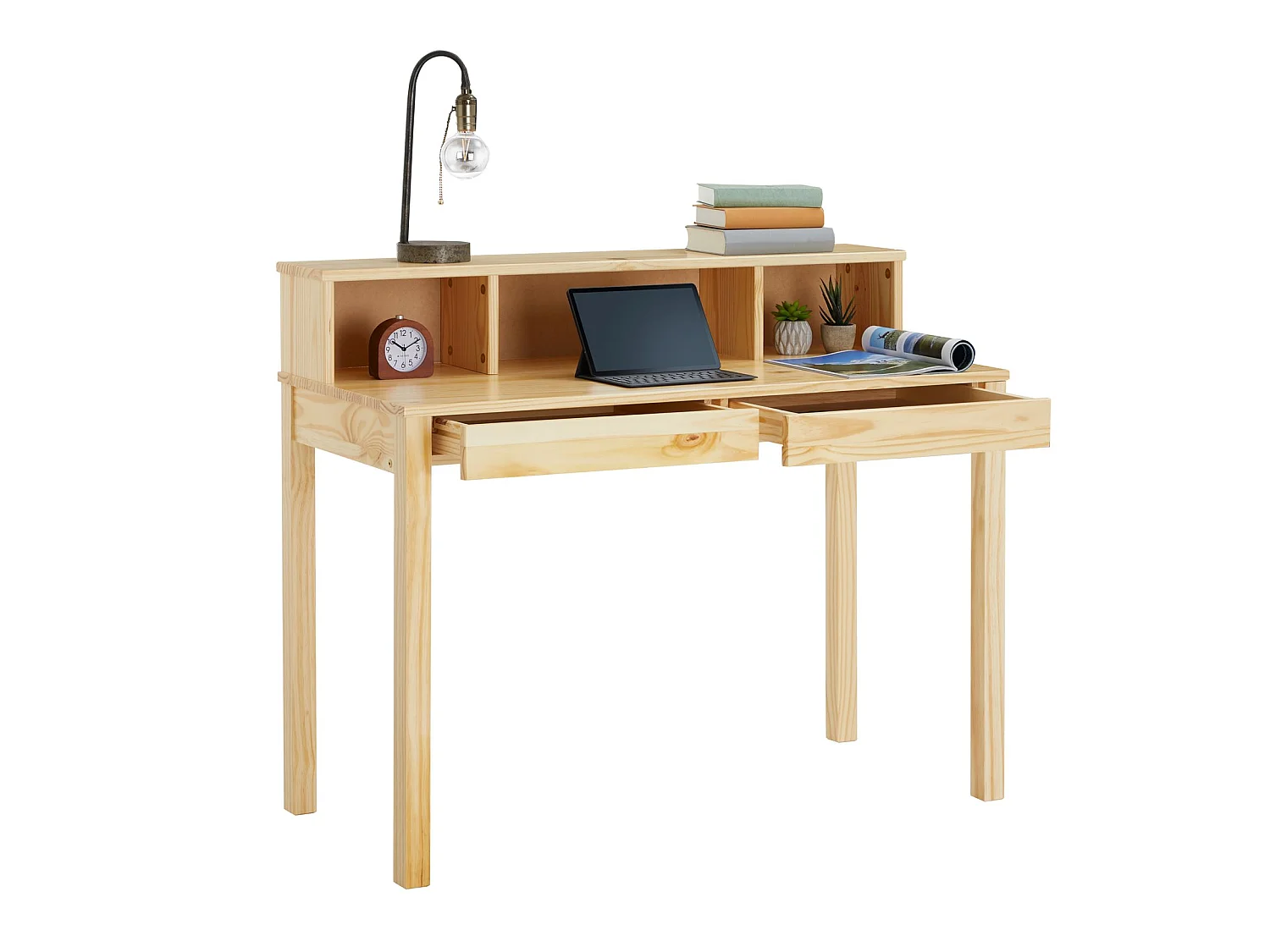 Bureau LENNOX avec rangement 2 tiroirs et 3 niches, en pin massif recouvert d'un vernis naturel