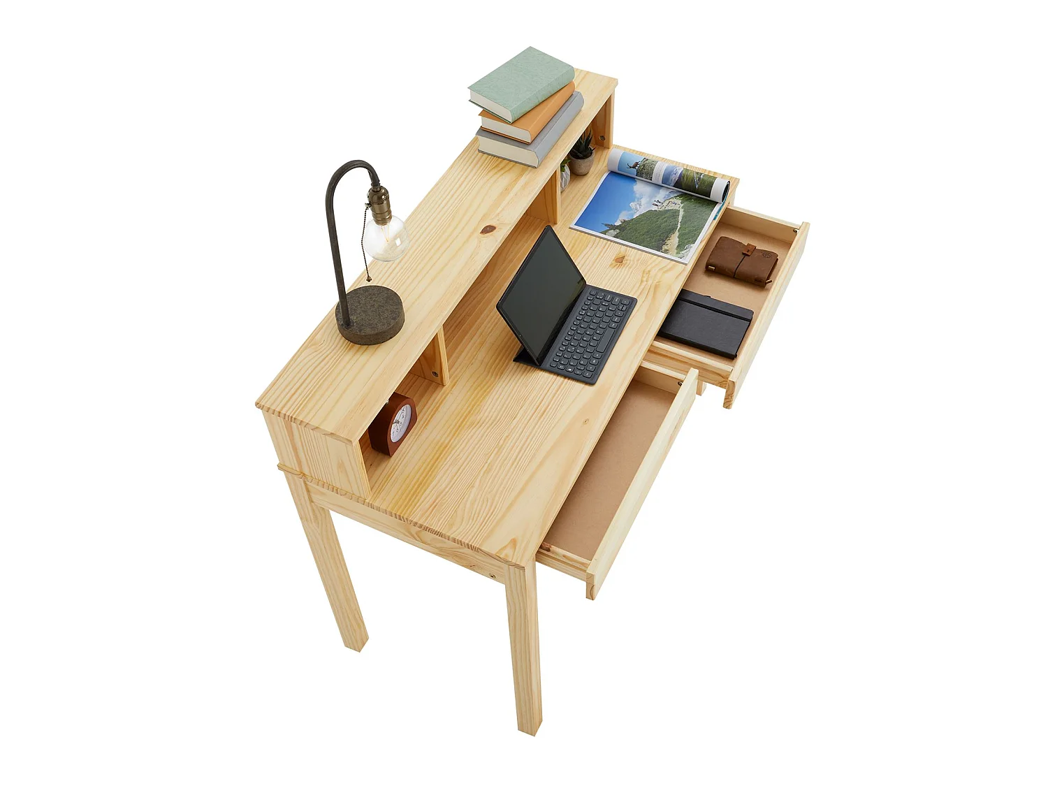 Bureau LENNOX avec rangement 2 tiroirs et 3 niches, en pin massif recouvert d'un vernis naturel