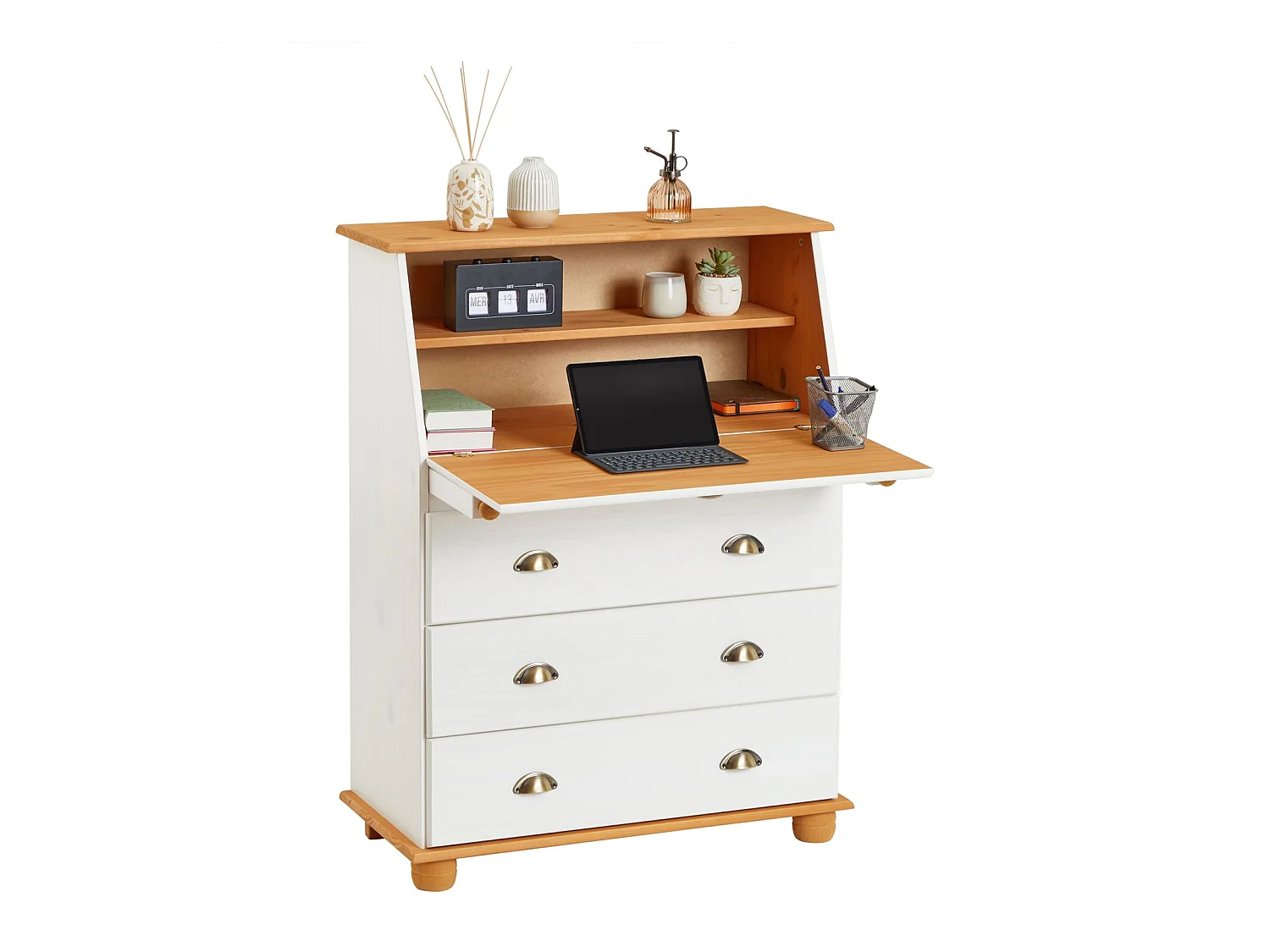 Bureau secrétaire GOMES avec abattant 1 étagère et 3 tiroirs, plan de travail rabattable, en pin massif lasuré blanc et brun