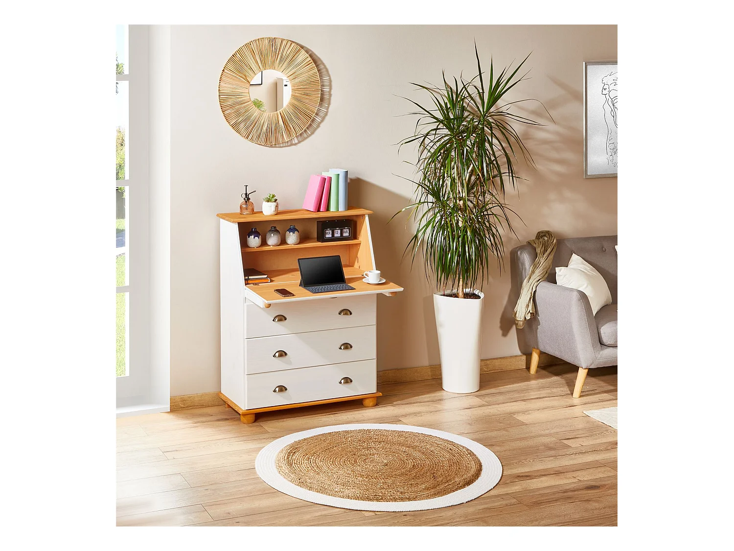 Bureau secrétaire GOMES avec abattant 1 étagère et 3 tiroirs, plan de travail rabattable, en pin massif lasuré blanc et brun