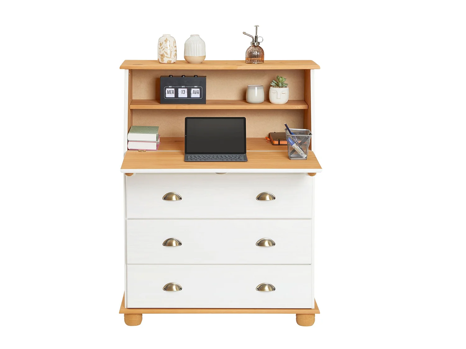 Bureau secrétaire GOMES avec abattant 1 étagère et 3 tiroirs, plan de travail rabattable, en pin massif lasuré blanc et brun