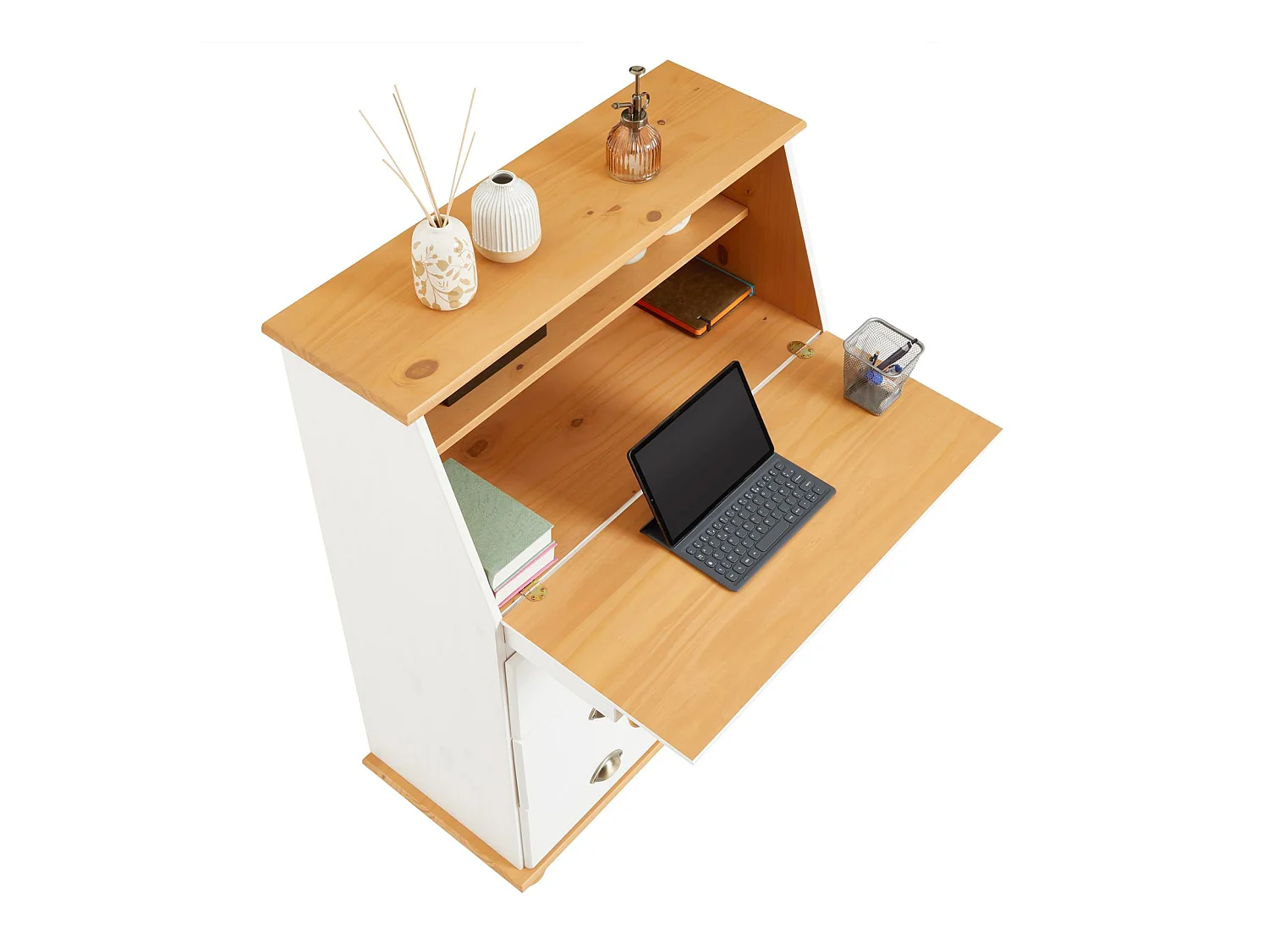 Bureau secrétaire GOMES avec abattant 1 étagère et 3 tiroirs, plan de travail rabattable, en pin massif lasuré blanc et brun