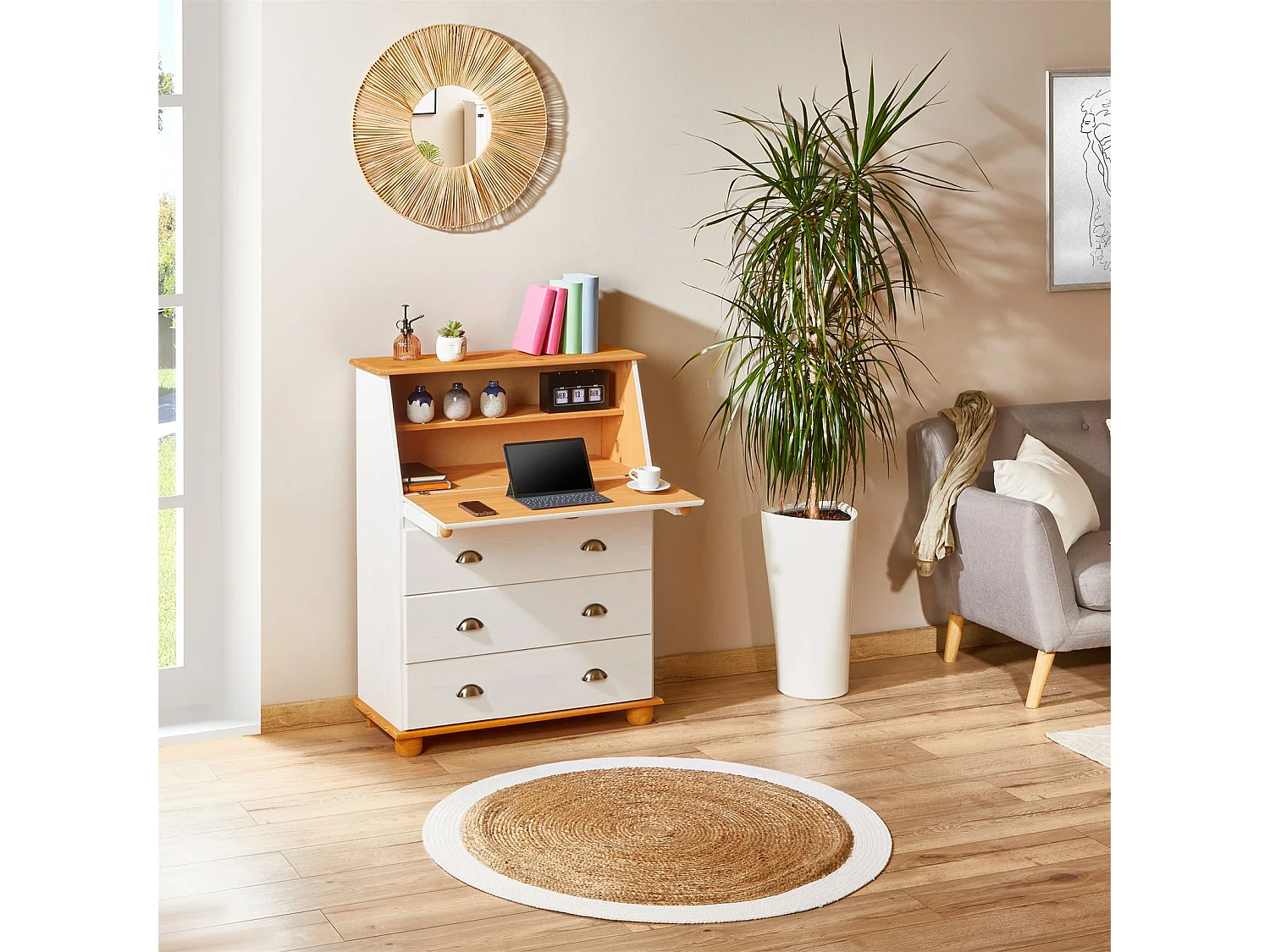 Bureau secrétaire GOMES avec abattant 1 étagère et 3 tiroirs, plan de travail rabattable, en pin massif lasuré blanc et brun