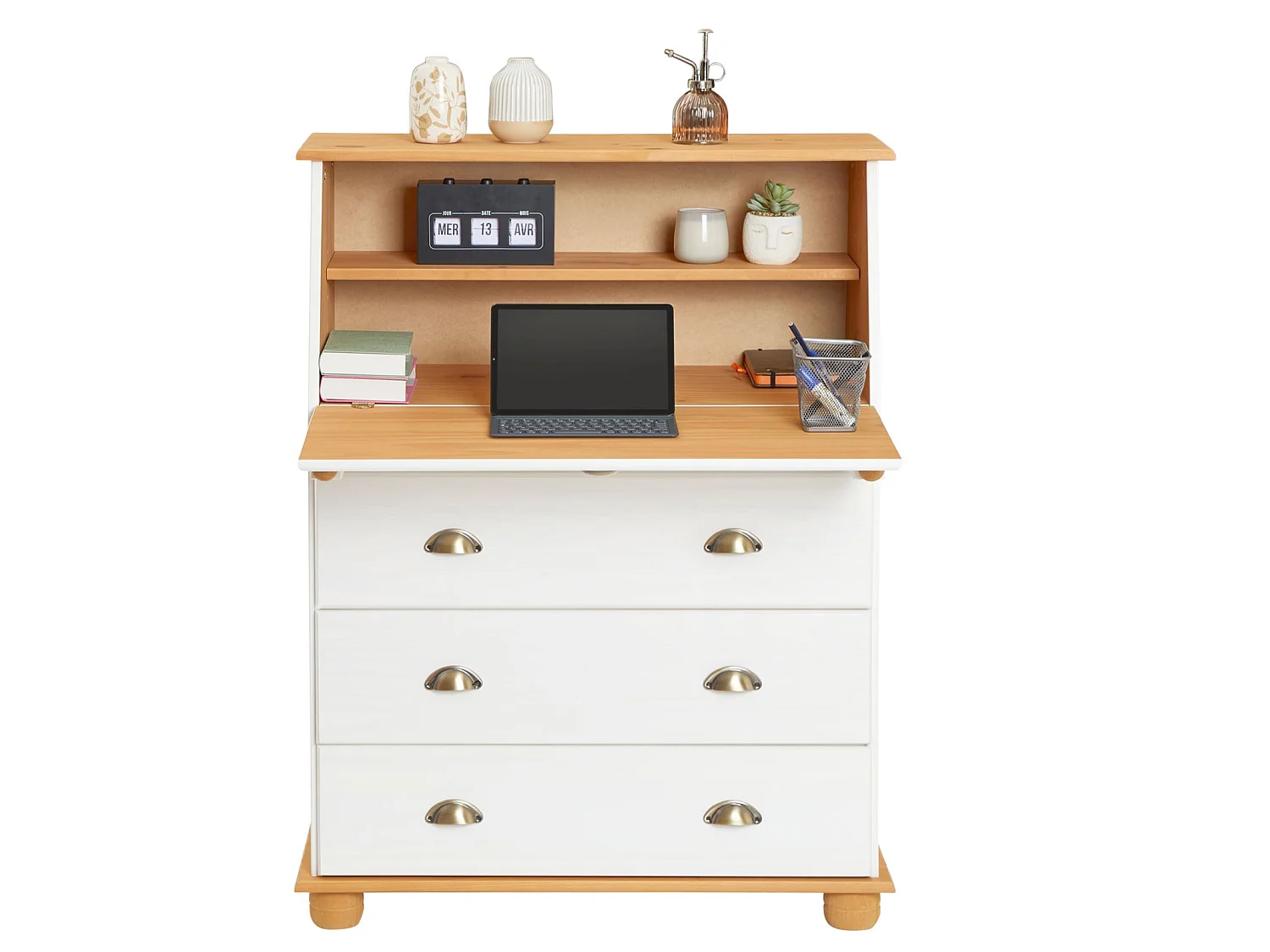 Bureau secrétaire GOMES avec abattant 1 étagère et 3 tiroirs, plan de travail rabattable, en pin massif lasuré blanc et brun