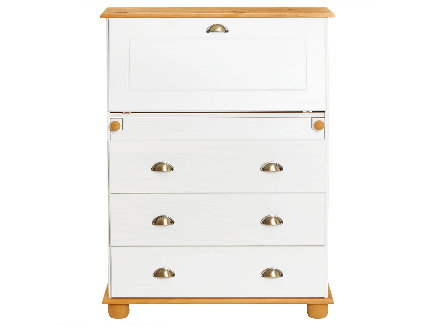 Bureau secrétaire GOMES avec abattant 1 étagère et 3 tiroirs, plan de travail rabattable, en pin massif lasuré blanc et brun