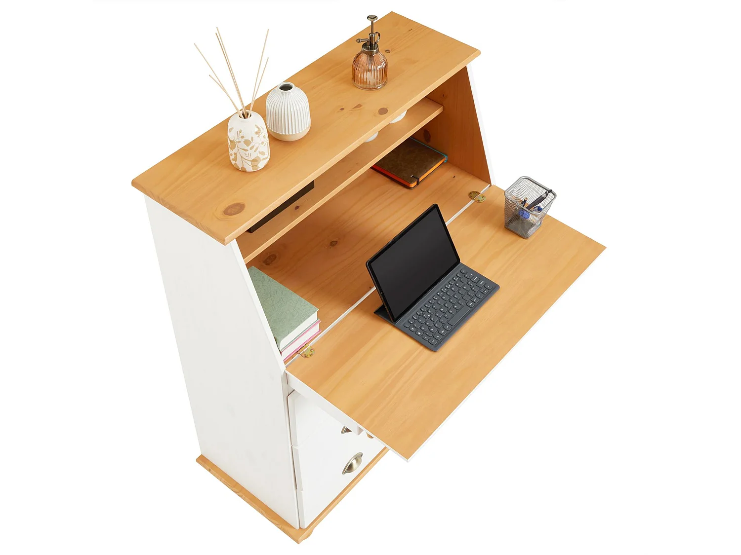 Bureau secrétaire GOMES avec abattant 1 étagère et 3 tiroirs, plan de travail rabattable, en pin massif lasuré blanc et brun