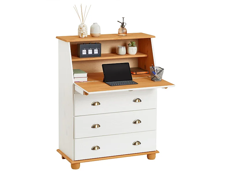 Bureau secrétaire GOMES avec abattant 1 étagère et 3 tiroirs, plan de travail rabattable, en pin massif lasuré blanc et brun