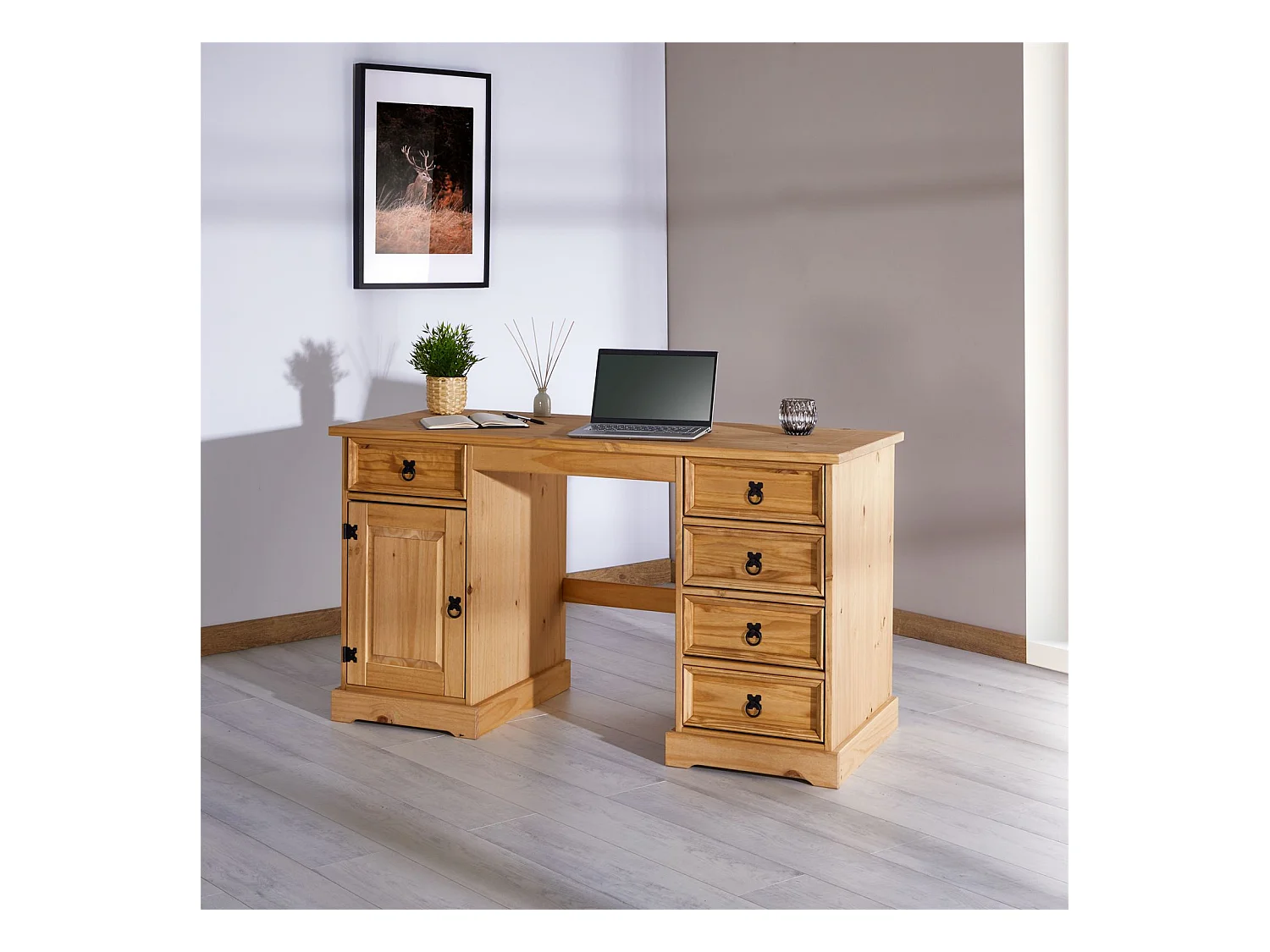 Bureau multi rangements TEQUILA style mexicain en pin massif à la finition cirée