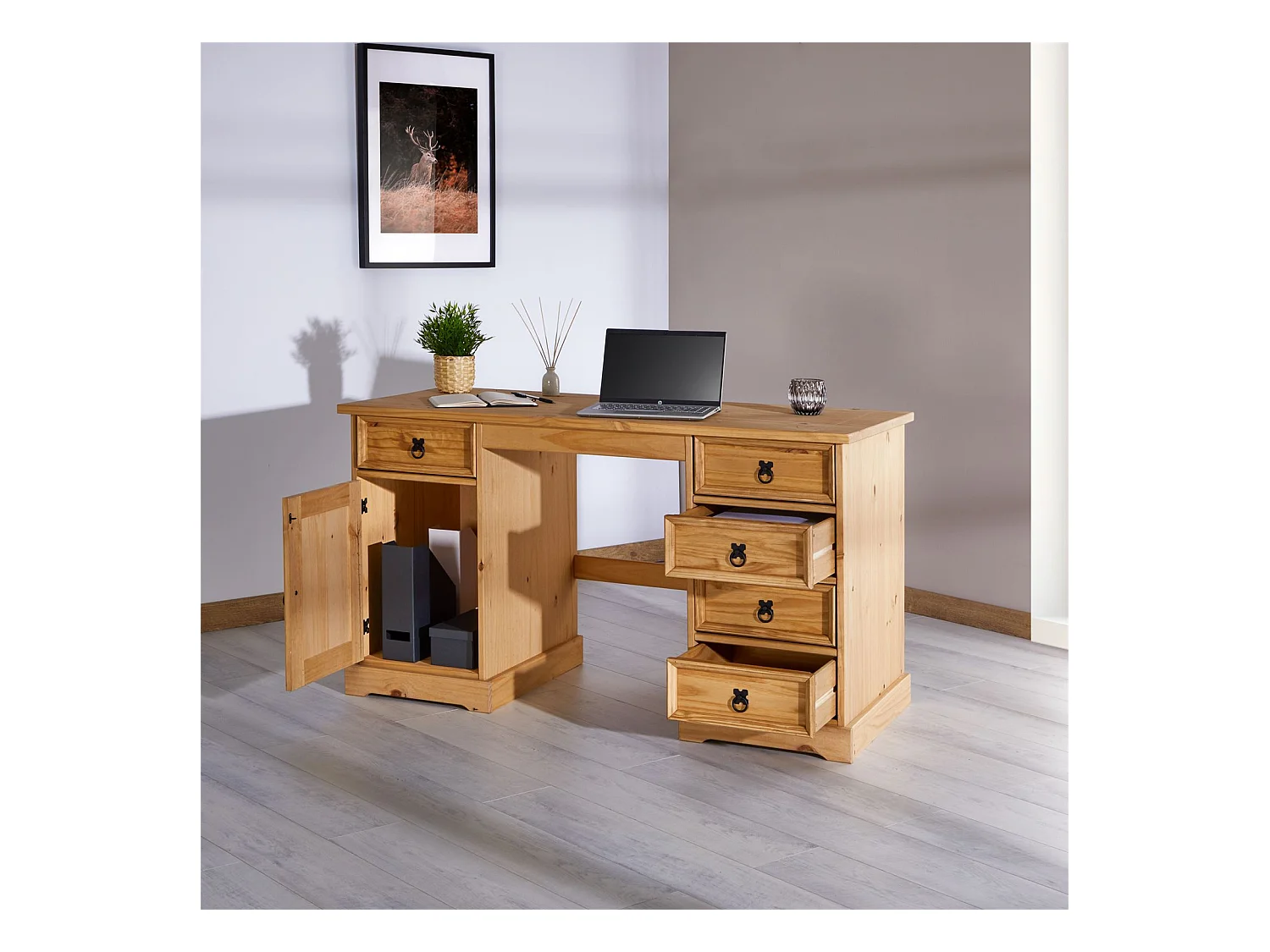 Bureau multi rangements TEQUILA style mexicain en pin massif à la finition cirée