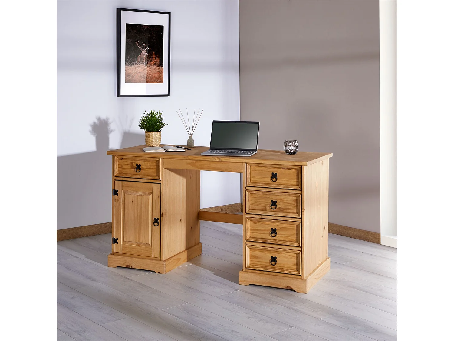 Bureau multi rangements TEQUILA style mexicain en pin massif à la finition cirée