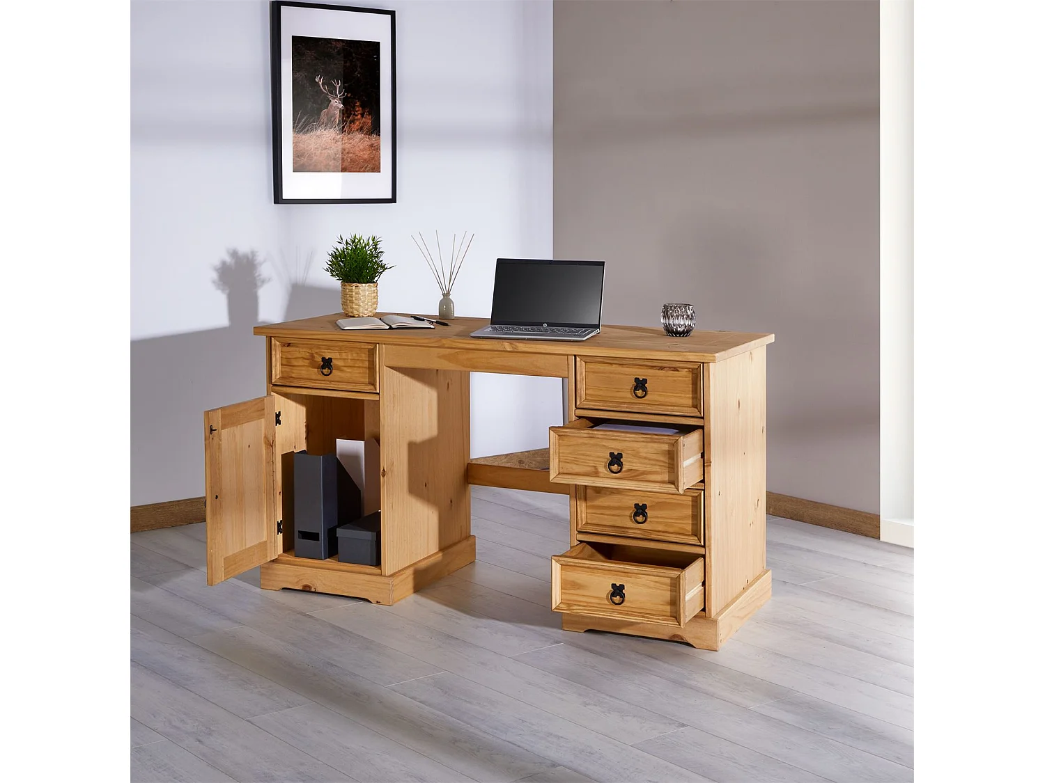 Bureau multi rangements TEQUILA style mexicain en pin massif à la finition cirée