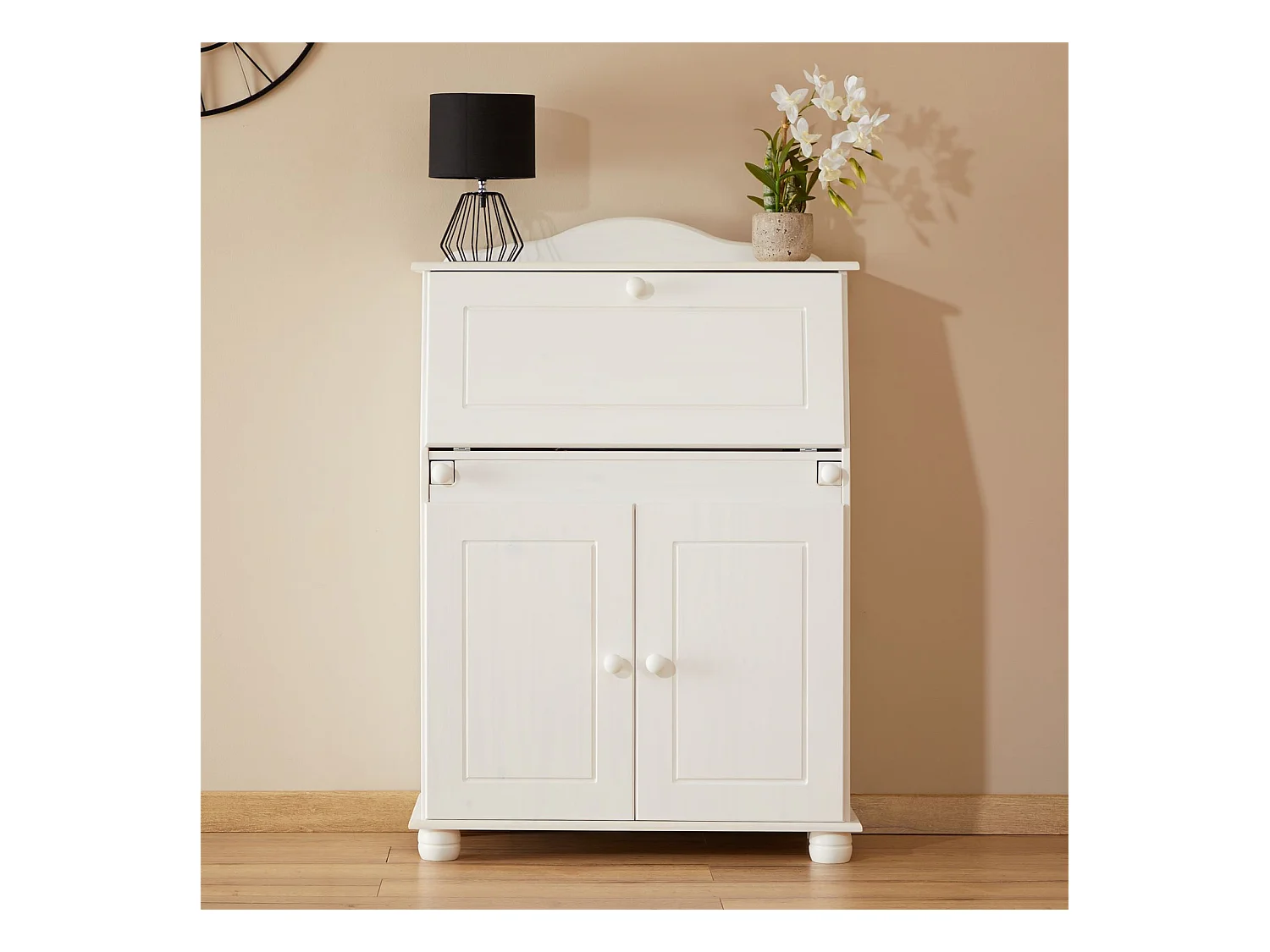 Bureau secrétaire DAVID avec abattant rangement plusieurs étagères 2 portes et plan de travail rabattable en pin massif lasuré blanc