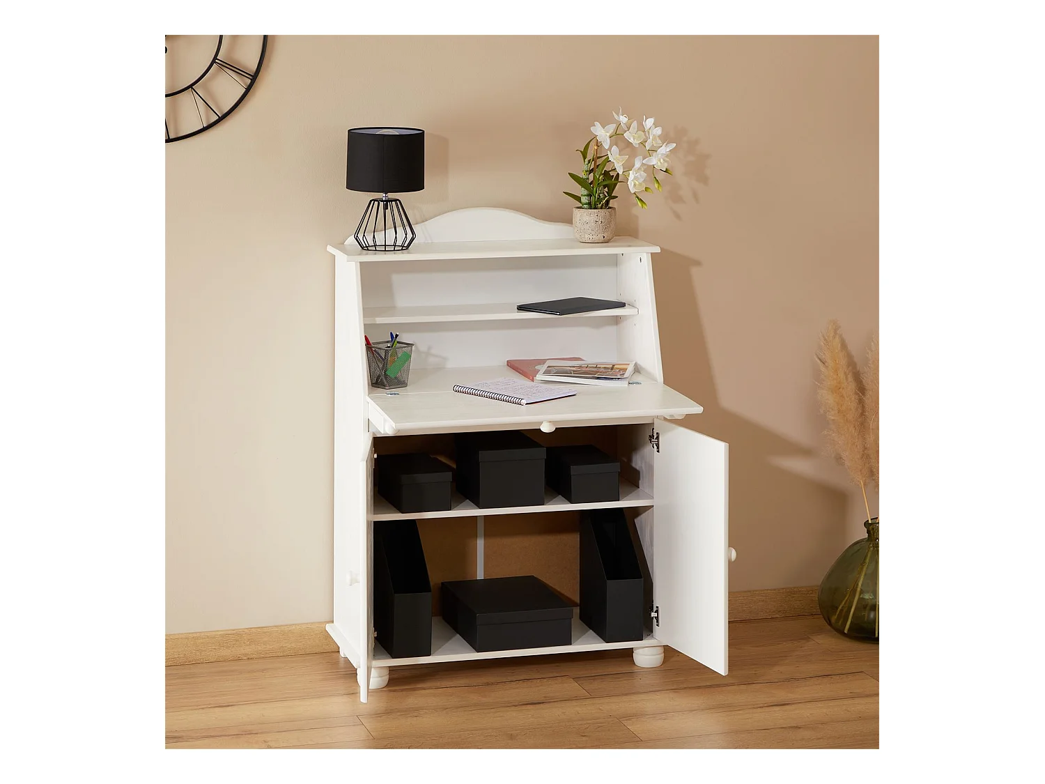 Bureau secrétaire DAVID avec abattant rangement plusieurs étagères 2 portes et plan de travail rabattable en pin massif lasuré blanc