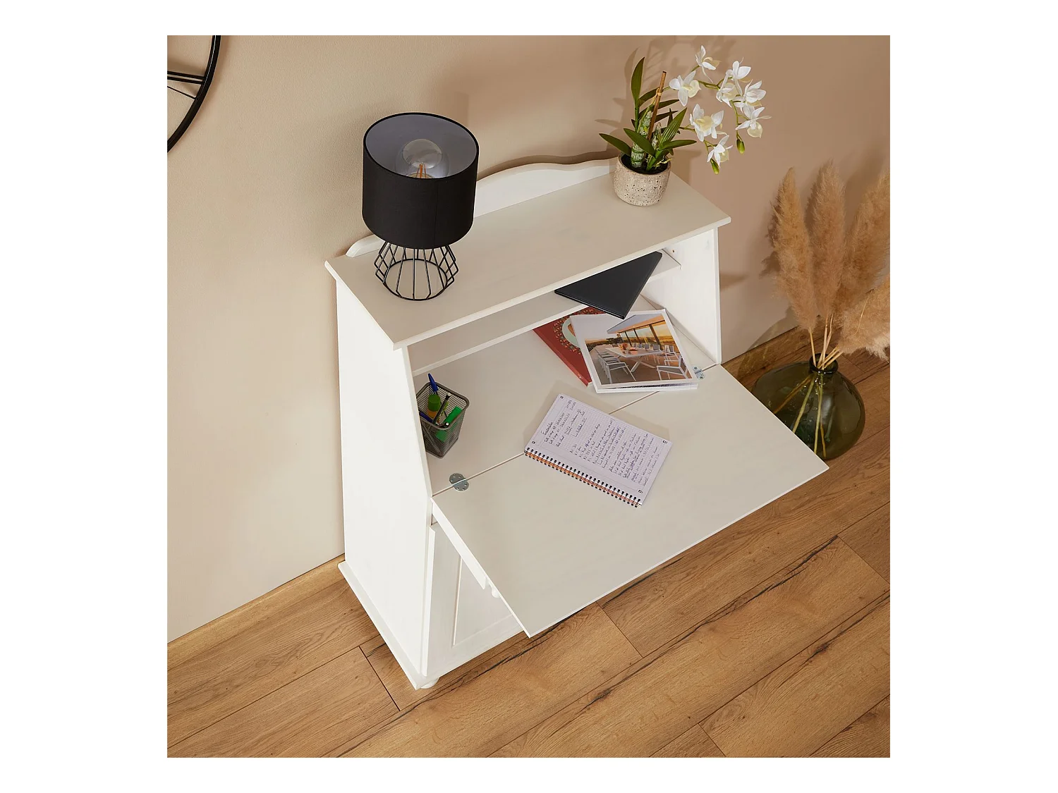 Bureau secrétaire DAVID avec abattant rangement plusieurs étagères 2 portes et plan de travail rabattable en pin massif lasuré blanc