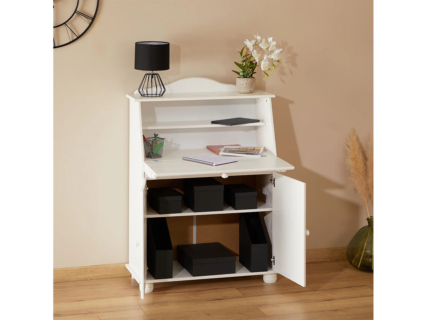 Bureau secrétaire DAVID avec abattant rangement plusieurs étagères 2 portes et plan de travail rabattable en pin massif lasuré blanc