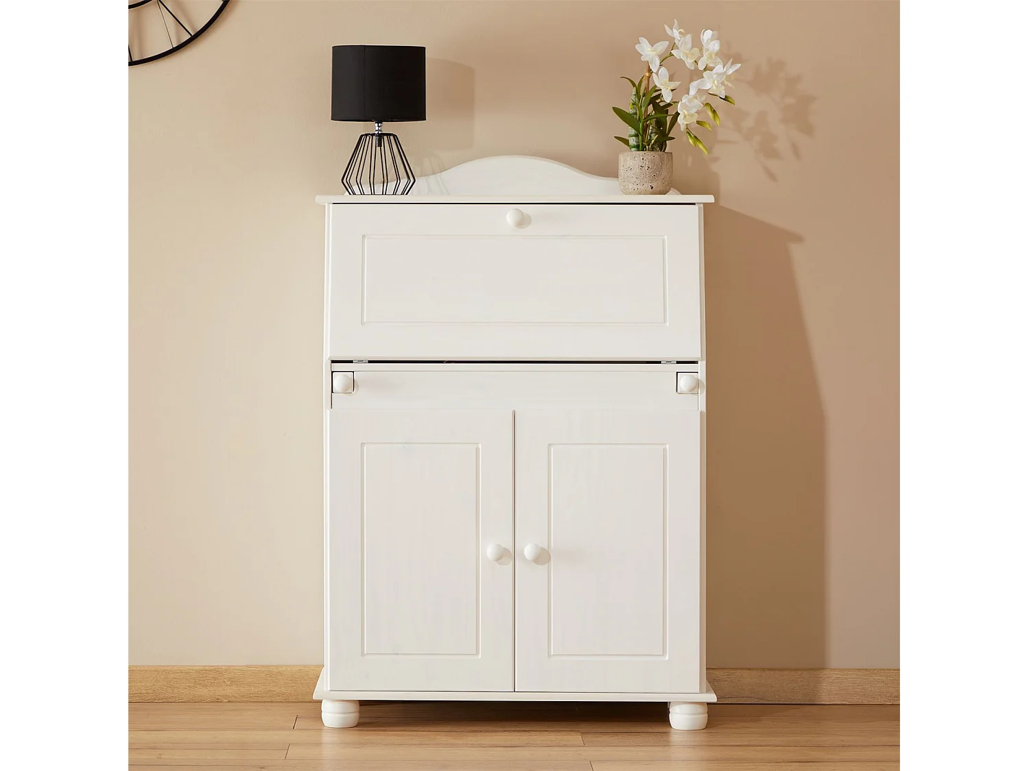 Bureau secrétaire DAVID avec abattant rangement plusieurs étagères 2 portes et plan de travail rabattable en pin massif lasuré blanc