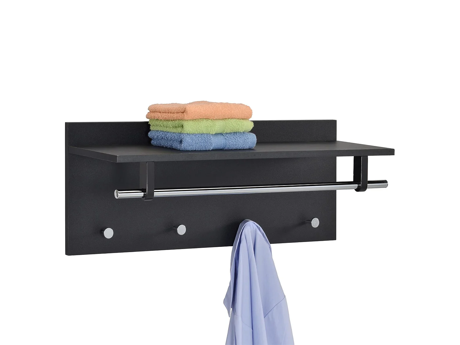 Porte-manteaux mural ULF penderie murale avec 1 étagère de rangement 1 tringle et 4 patères crochets métal chromé, décor noir mat