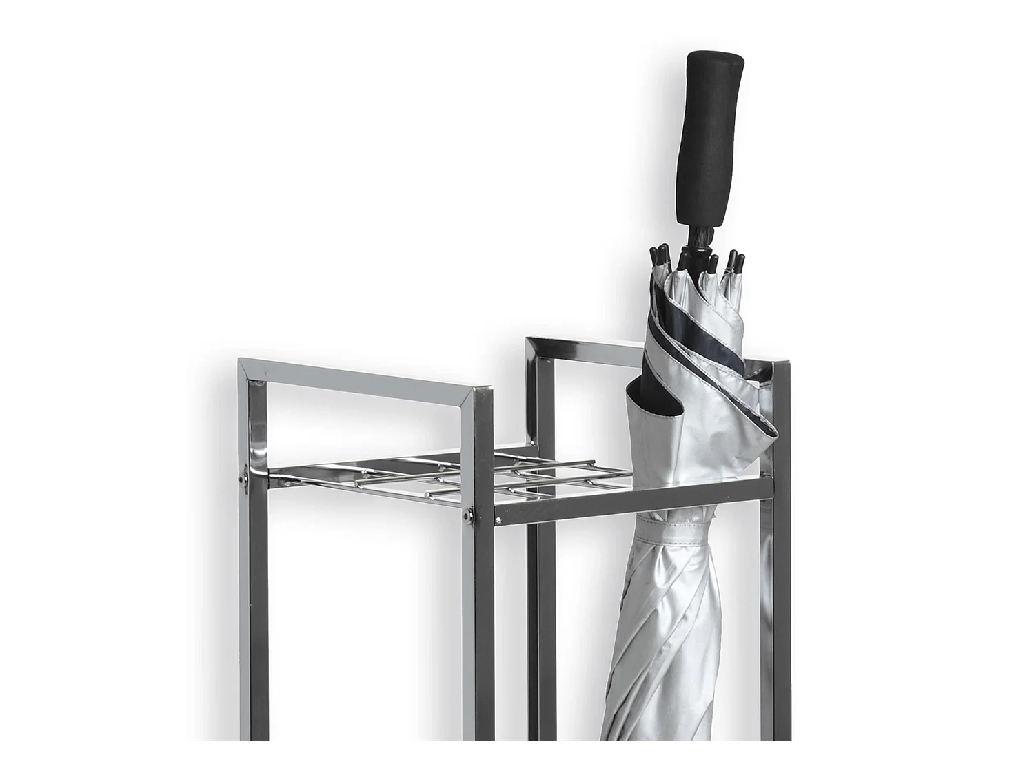 Porte-parapluie NELIA support pour parapluies ou cannes avec séparation et réceptacle d'eau, structure en métal chromé