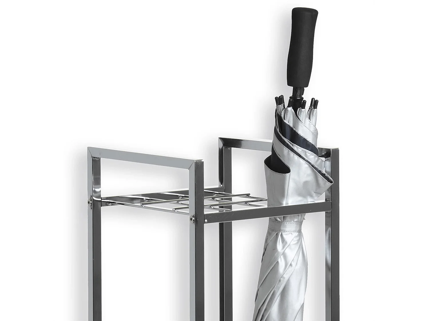 Porte-parapluie NELIA support pour parapluies ou cannes avec séparation et réceptacle d'eau, structure en métal chromé