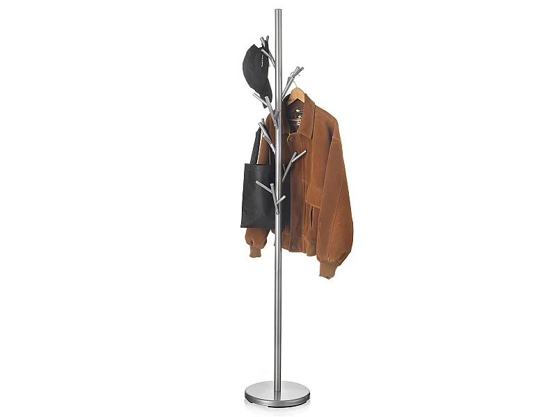 Porte-manteaux ZENO portant à vêtements sur pied en forme d'arbre avec 6 crochets sur différentes hauteurs, en métal laqué gris