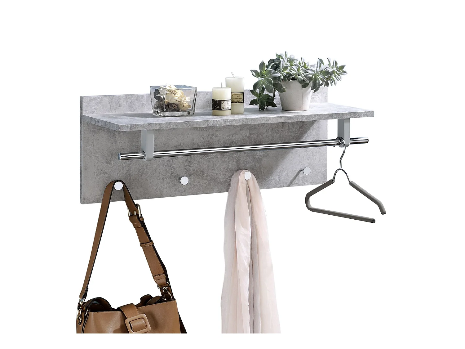 Porte-manteaux mural ULF penderie murale avec 1 étagère de rangement 1 tringle et 4 patères crochets métal chromé, décor béton