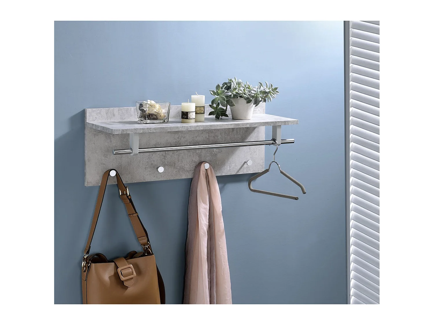 Porte-manteaux mural ULF penderie murale avec 1 étagère de rangement 1 tringle et 4 patères crochets métal chromé, décor béton