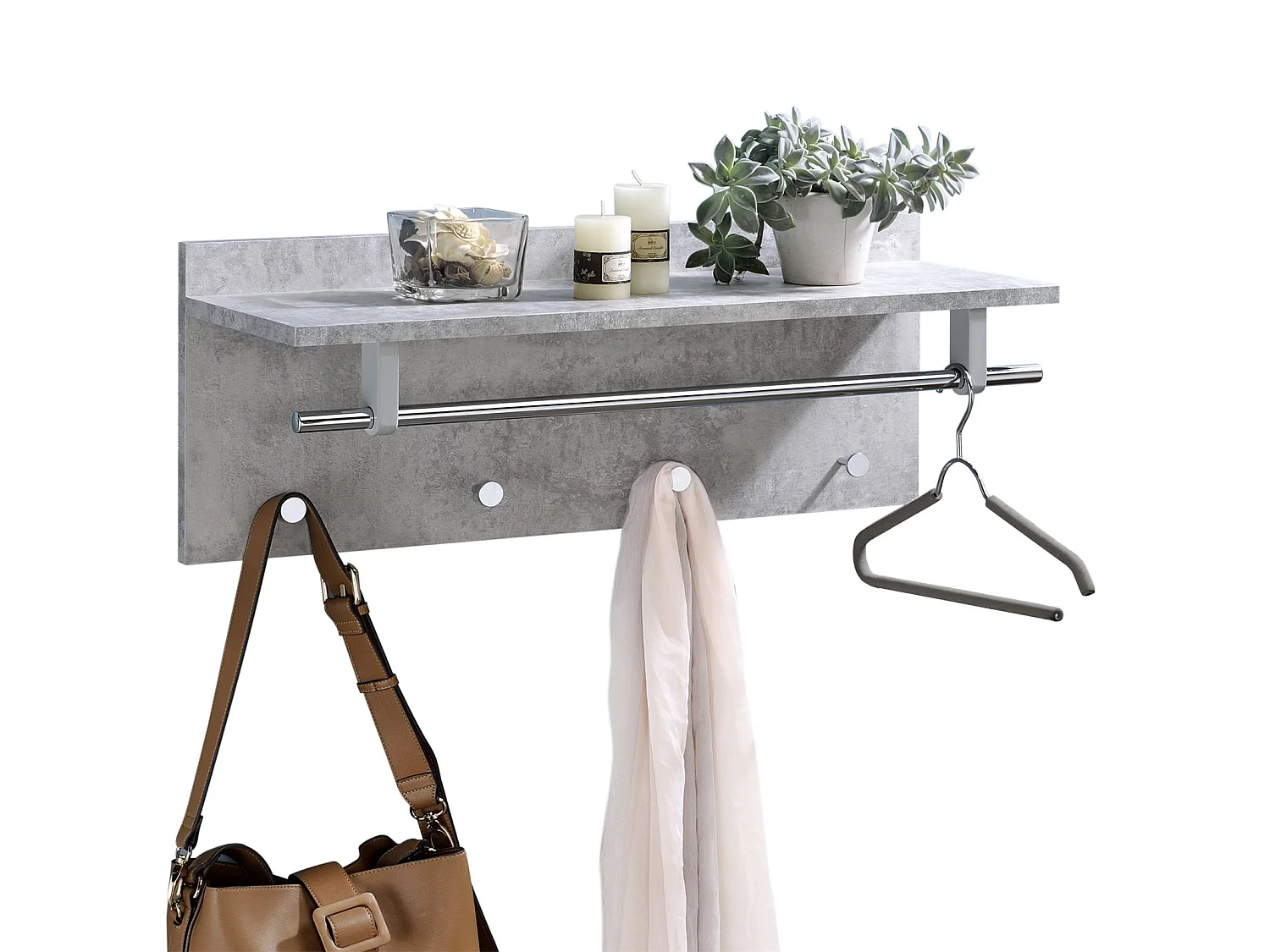 Porte-manteaux mural ULF penderie murale avec 1 étagère de rangement 1 tringle et 4 patères crochets métal chromé, décor béton