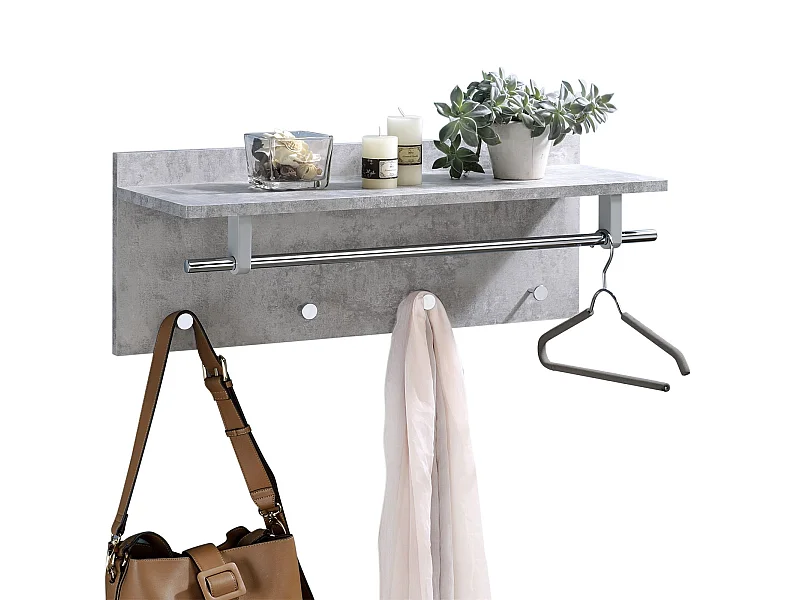 Porte-manteaux mural ULF penderie murale avec 1 étagère de rangement 1 tringle et 4 patères crochets métal chromé, décor béton
