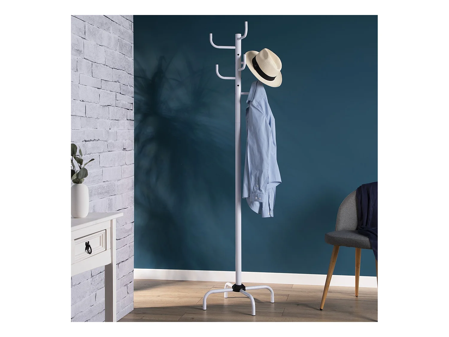 Porte-manteaux perroquet KAKTUS avec 8 portants crochets de hauteur différente, structure en métal laqué blanc