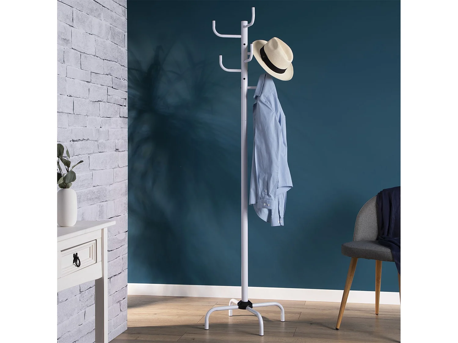 Porte-manteaux perroquet KAKTUS avec 8 portants crochets de hauteur différente, structure en métal laqué blanc